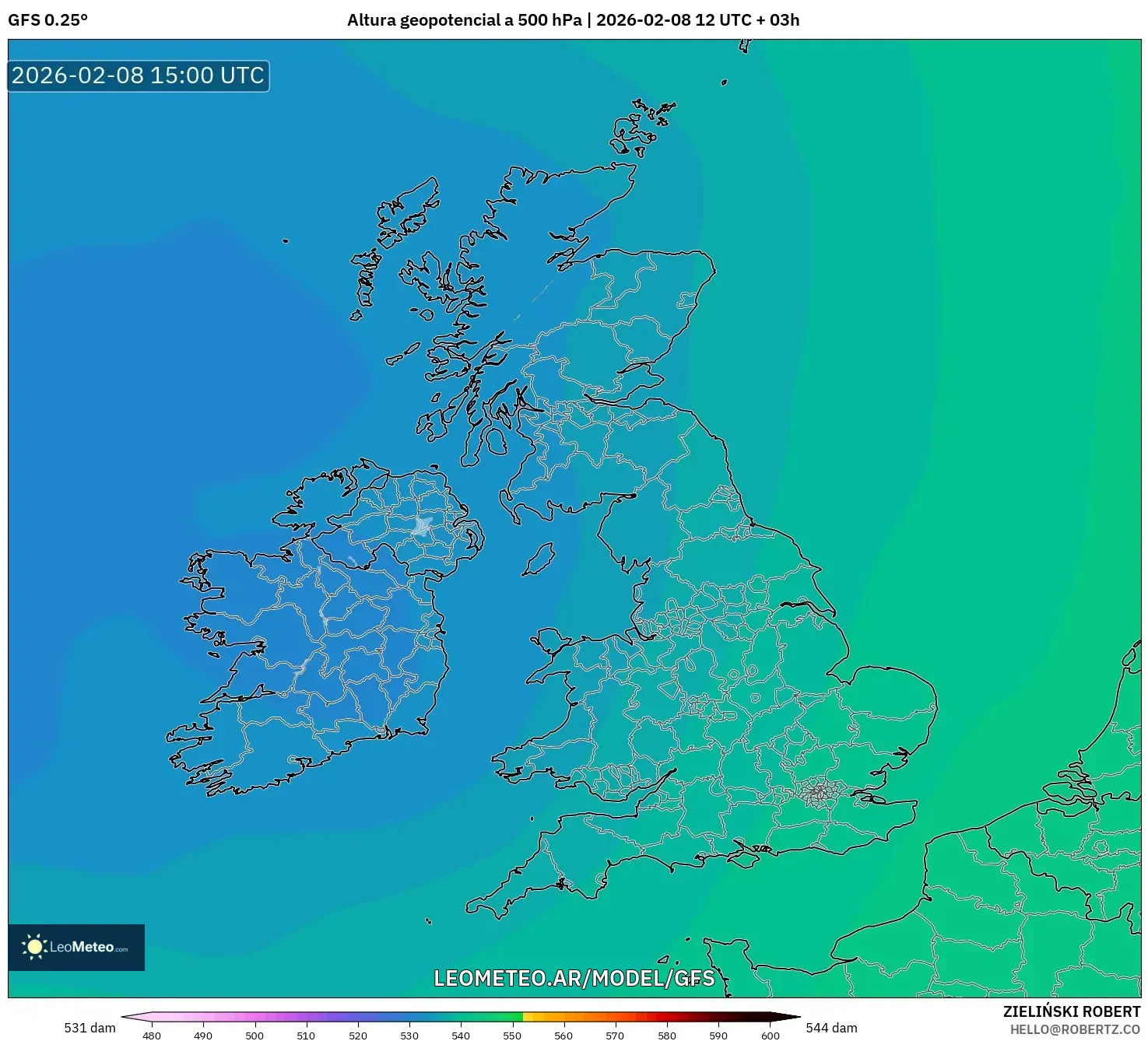 GFS model - Reino Unido, Altura geopotencial a 500 hPa
