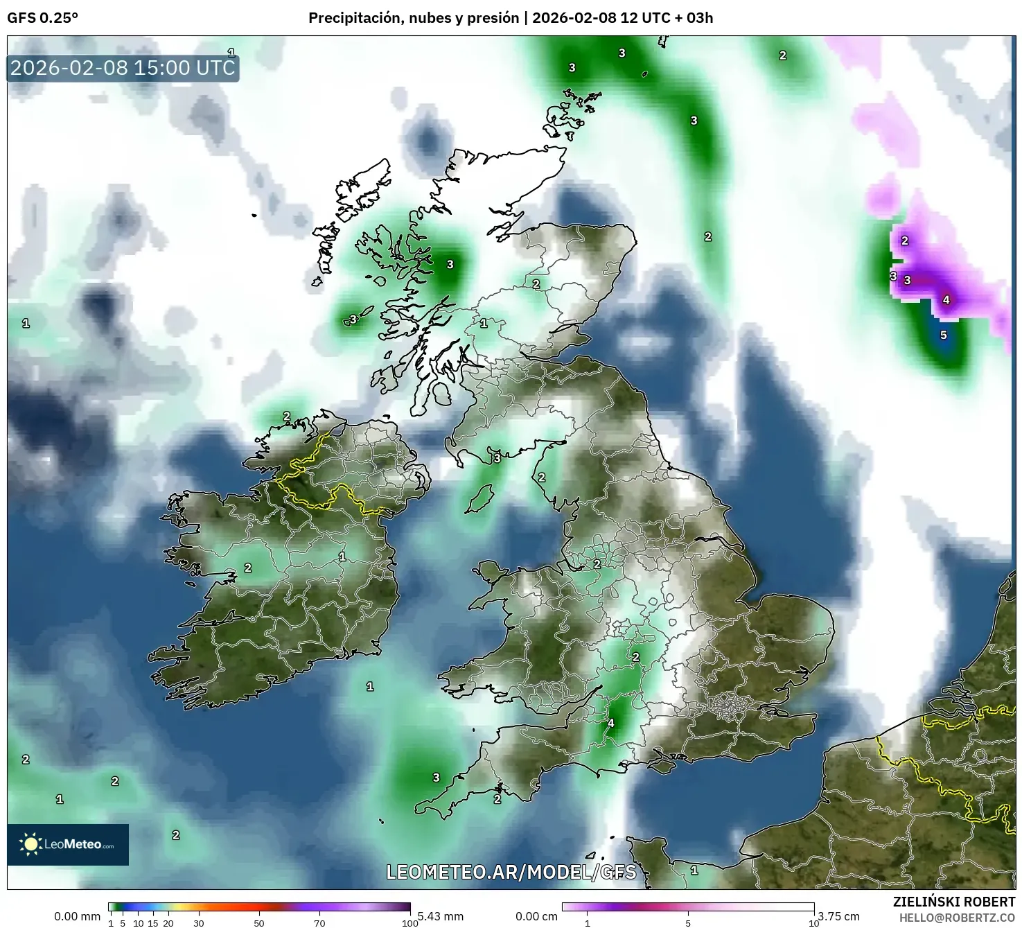 GFS model - Reino Unido, Precipitación, nubes y presión