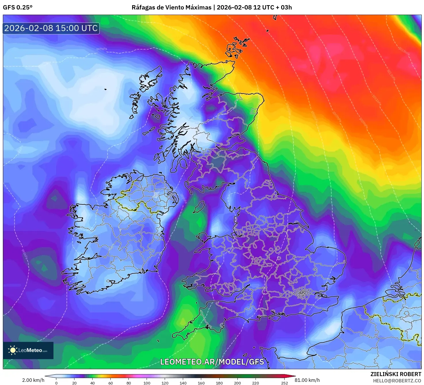GFS model - Reino Unido, Ráfagas de Viento Máximas