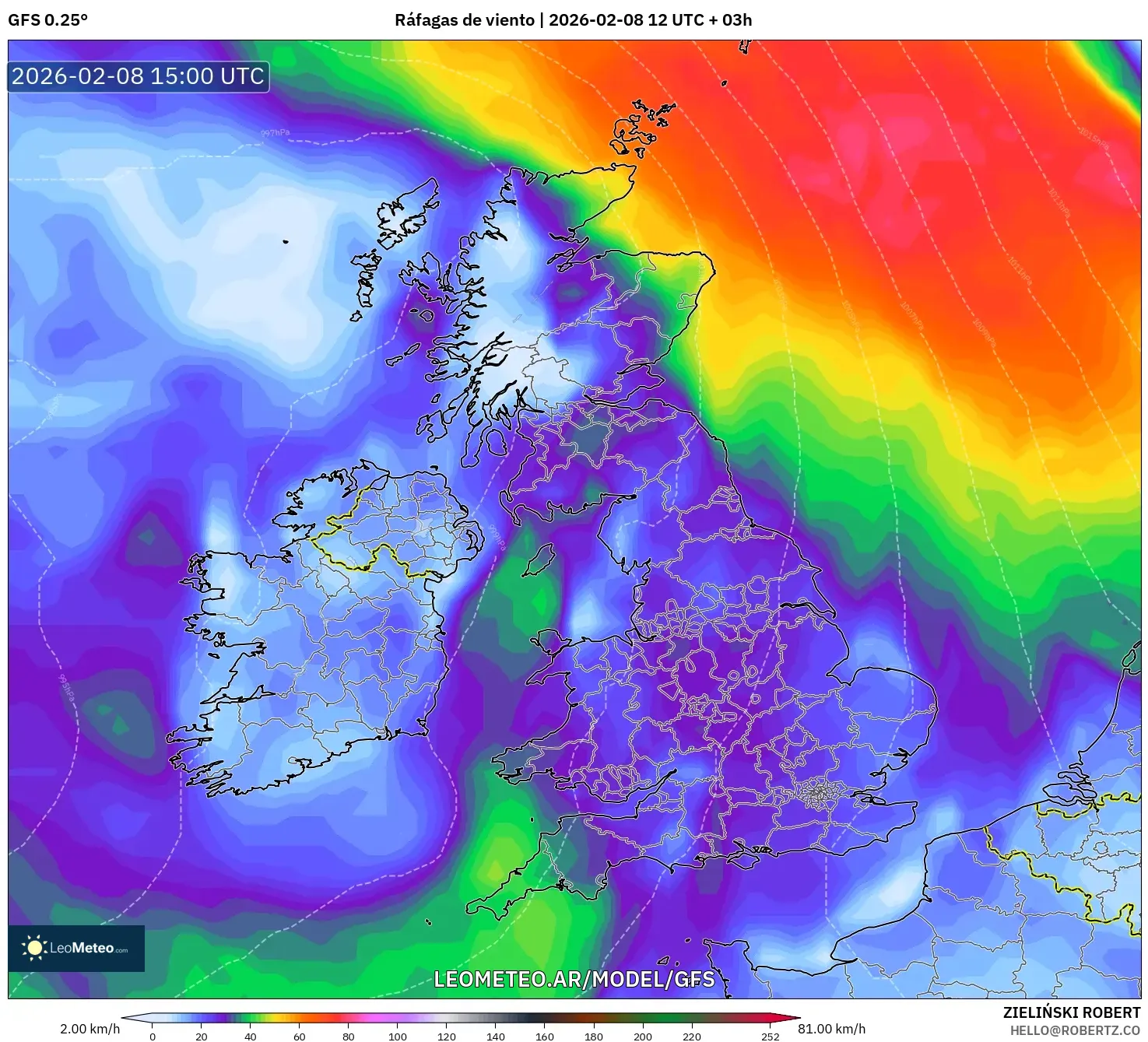 GFS model - Reino Unido, Ráfagas de viento