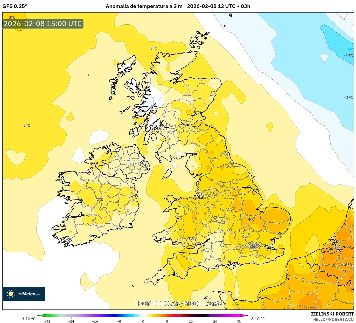 GFS model - Reino Unido, Anomalía de temperatura a 2 m
