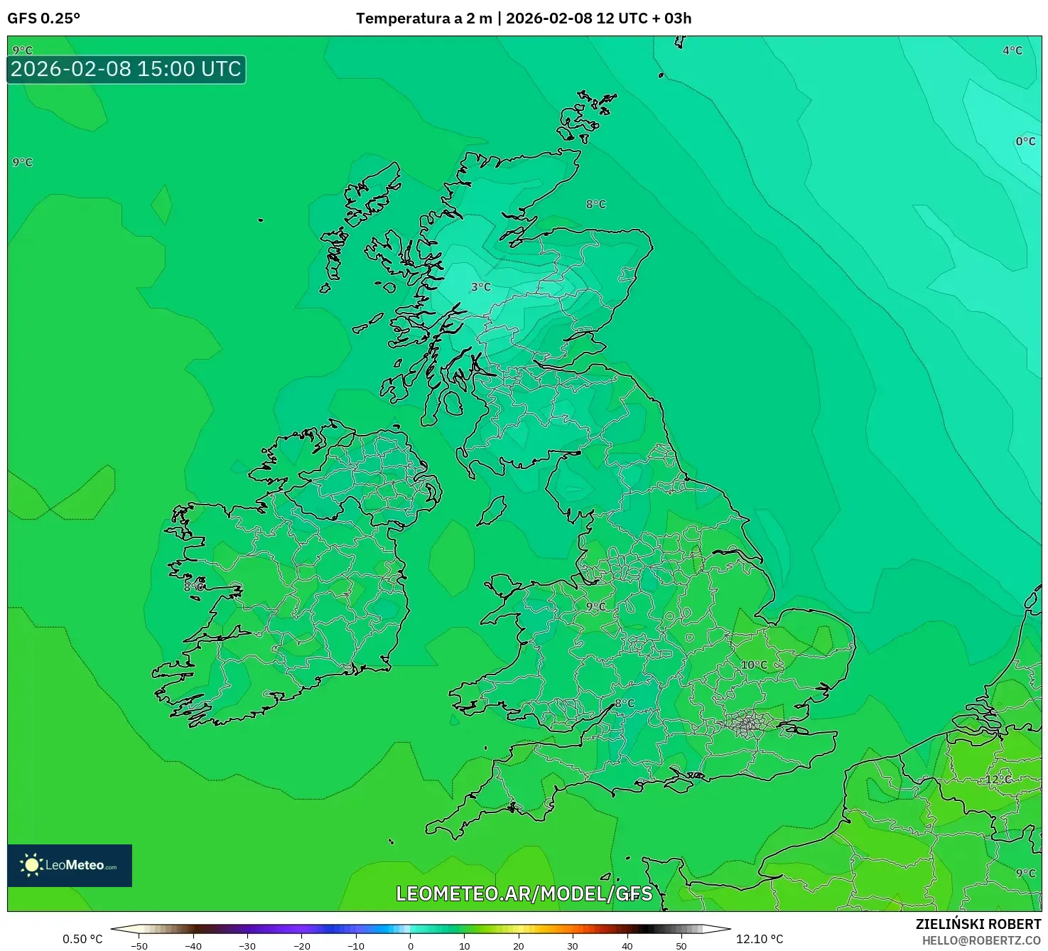 GFS model - Reino Unido, Temperatura a 2 m