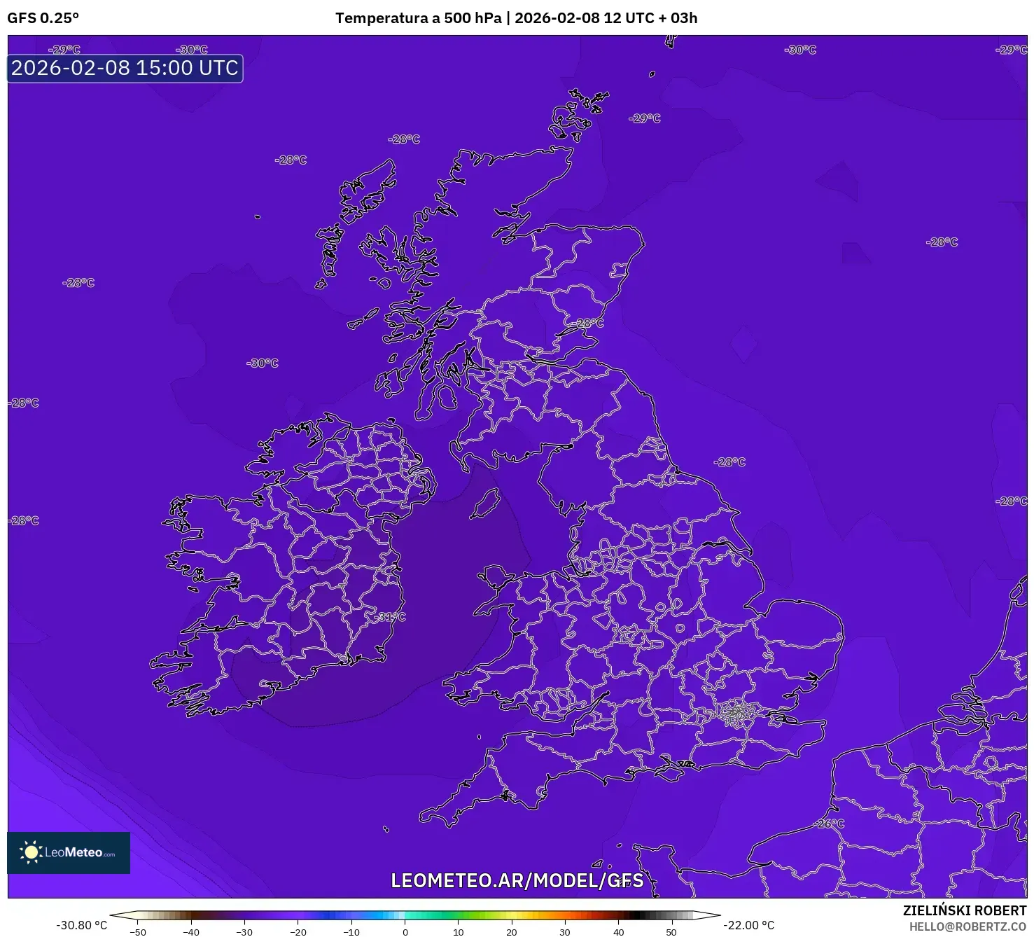 GFS model - Reino Unido, Temperatura a 500 hPa