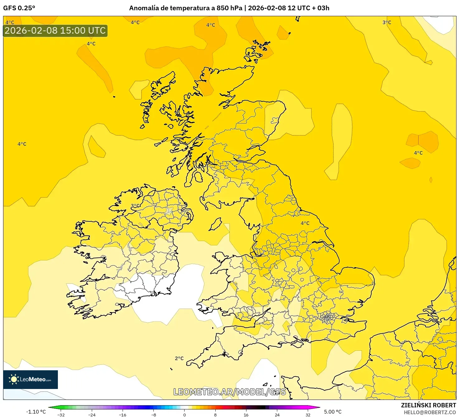 GFS model - Reino Unido, Anomalía de temperatura a 850 hPa