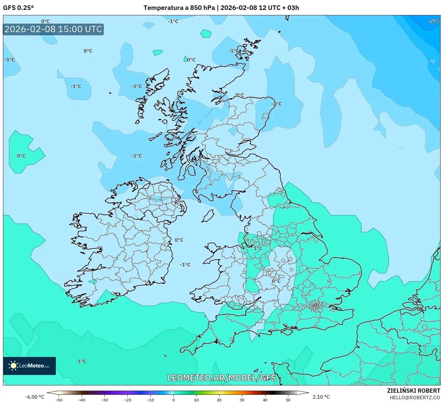 GFS model - Reino Unido, Temperatura a 850 hPa