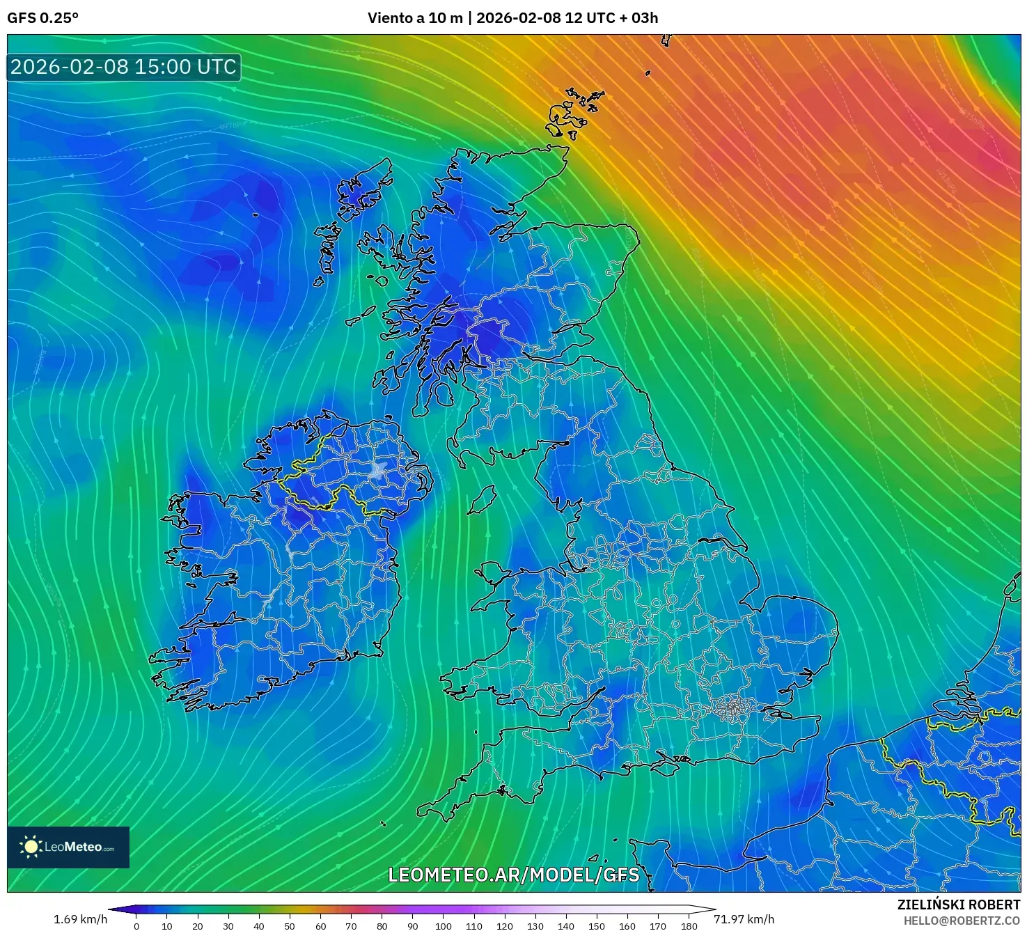GFS model - Reino Unido, Viento a 10 m