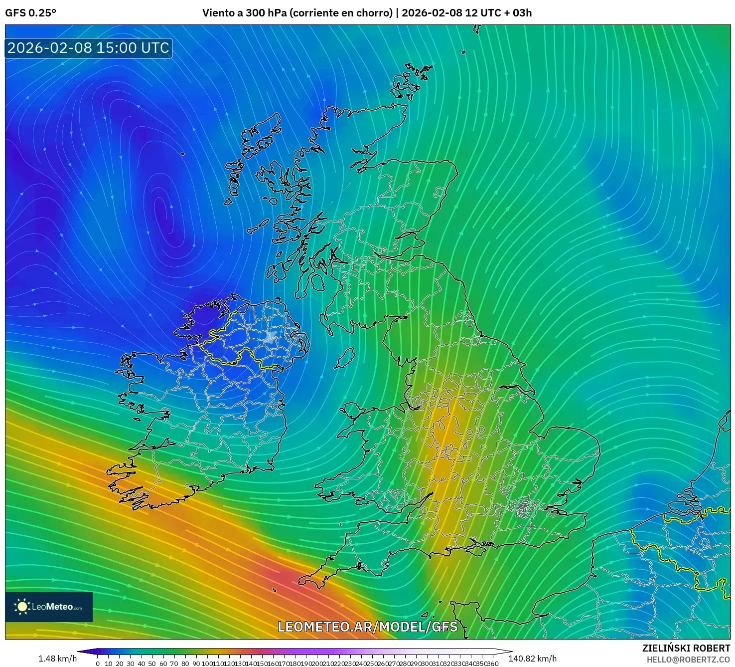 GFS model - Reino Unido, Viento a 300 hPa (corriente en chorro)