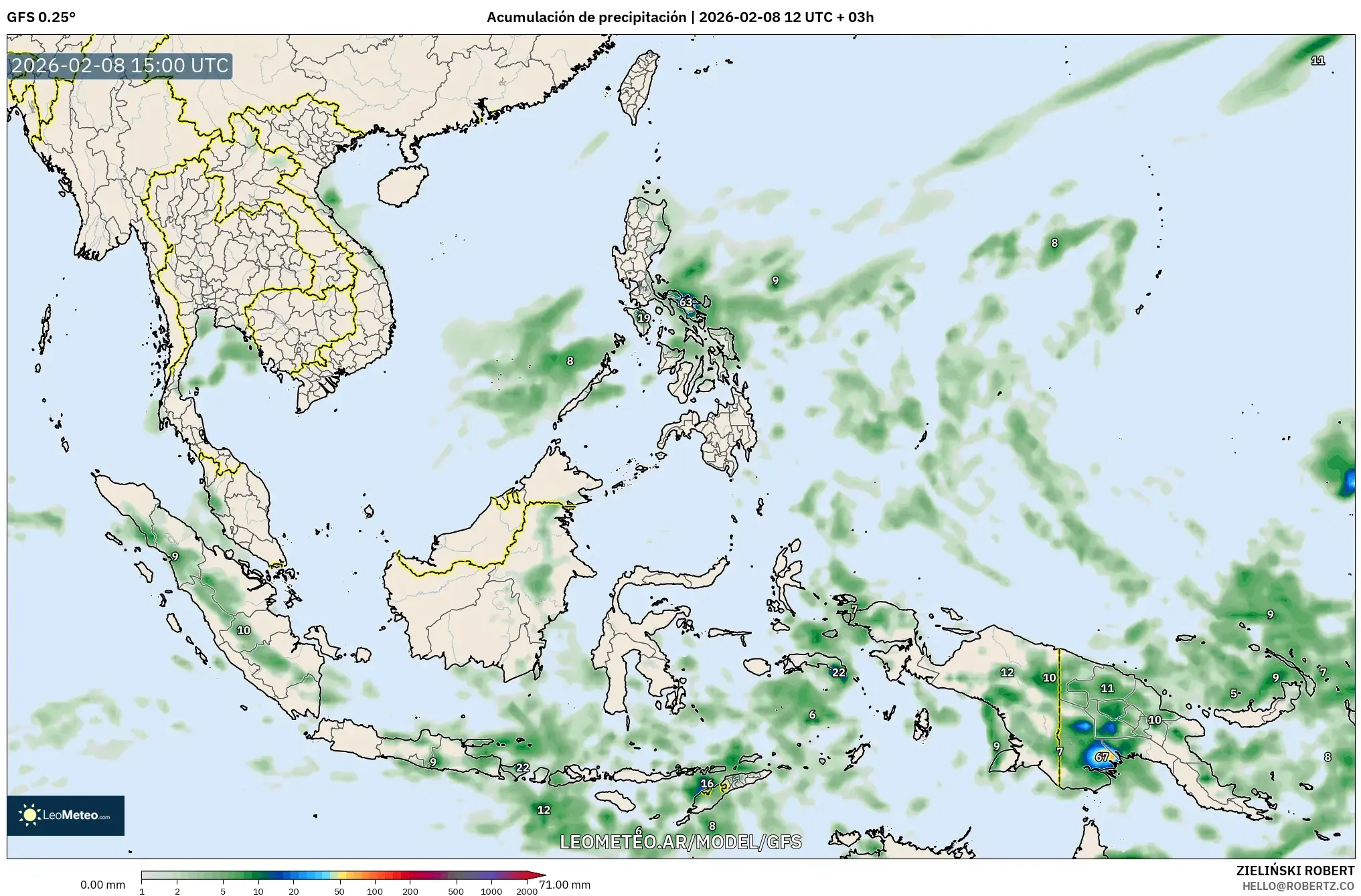 GFS model - Sudeste Asiático, Acumulación de precipitación