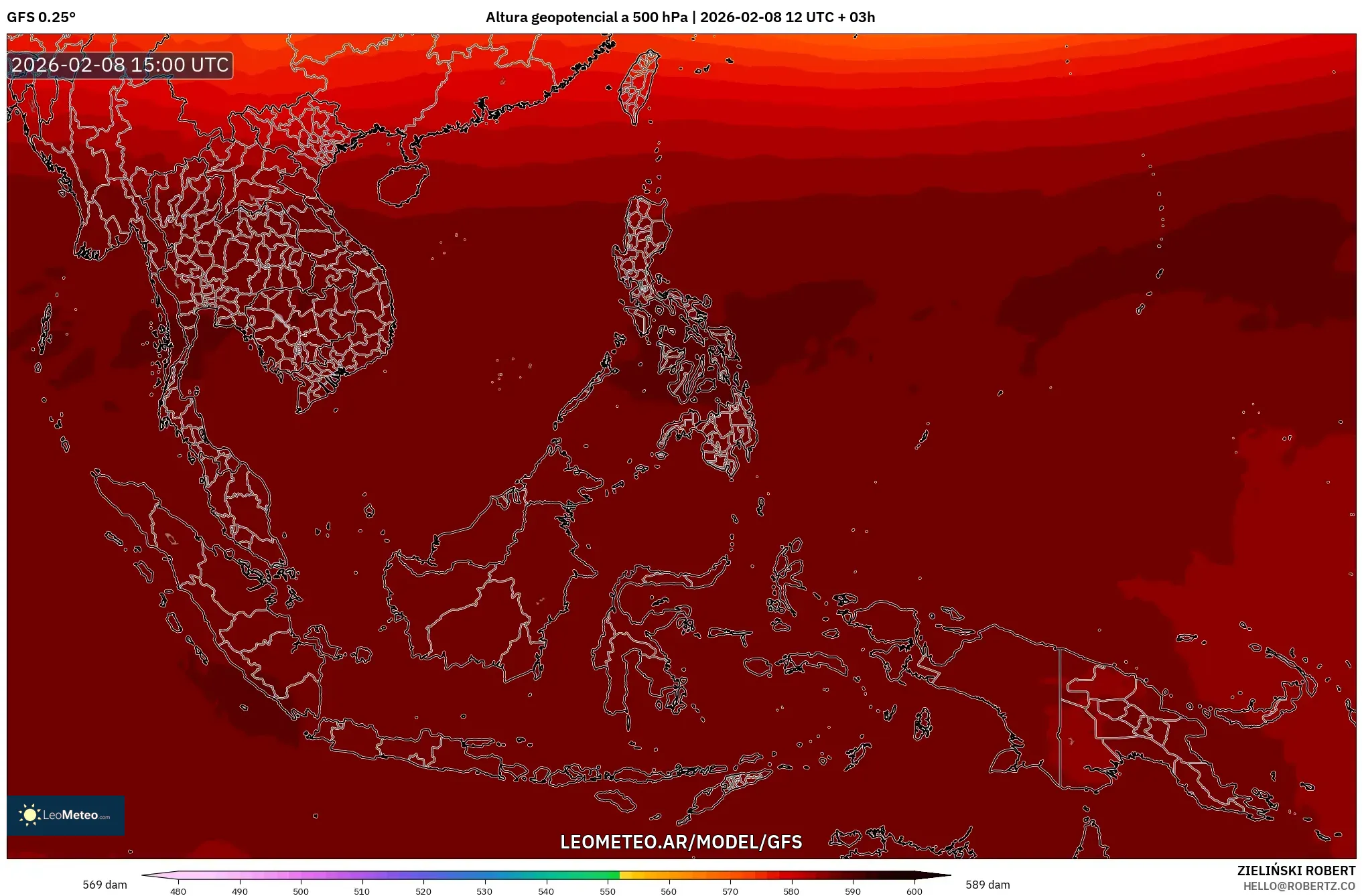 GFS model - Sudeste Asiático, Altura geopotencial a 500 hPa