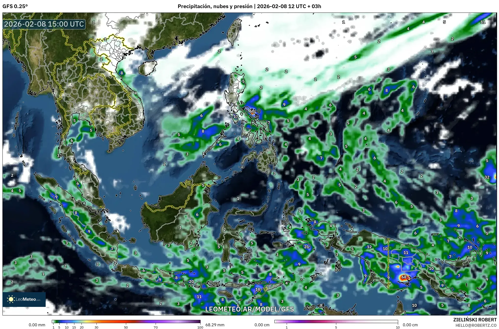 GFS model - Sudeste Asiático, Precipitación, nubes y presión