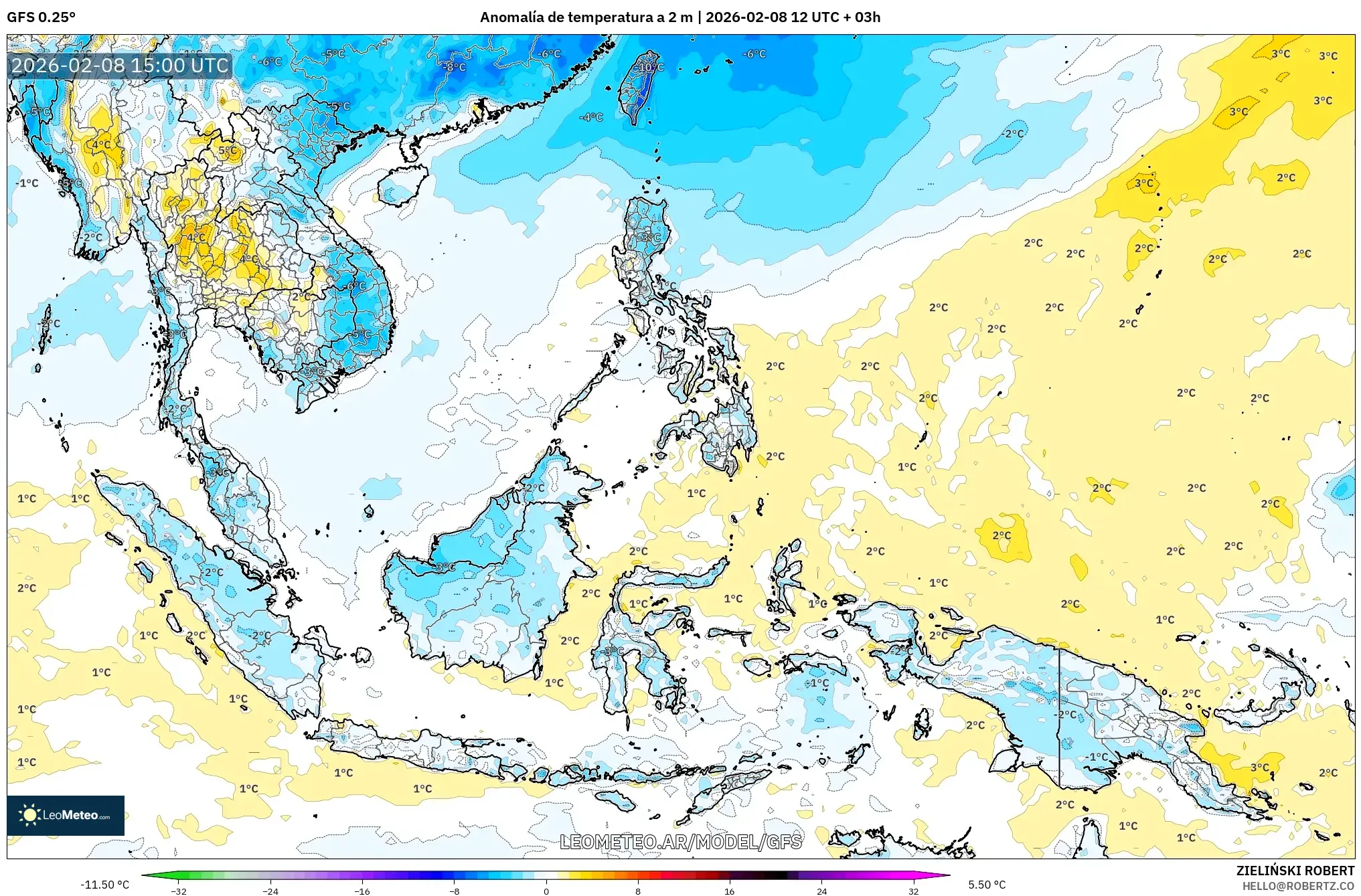 GFS model - Sudeste Asiático, Anomalía de temperatura a 2 m