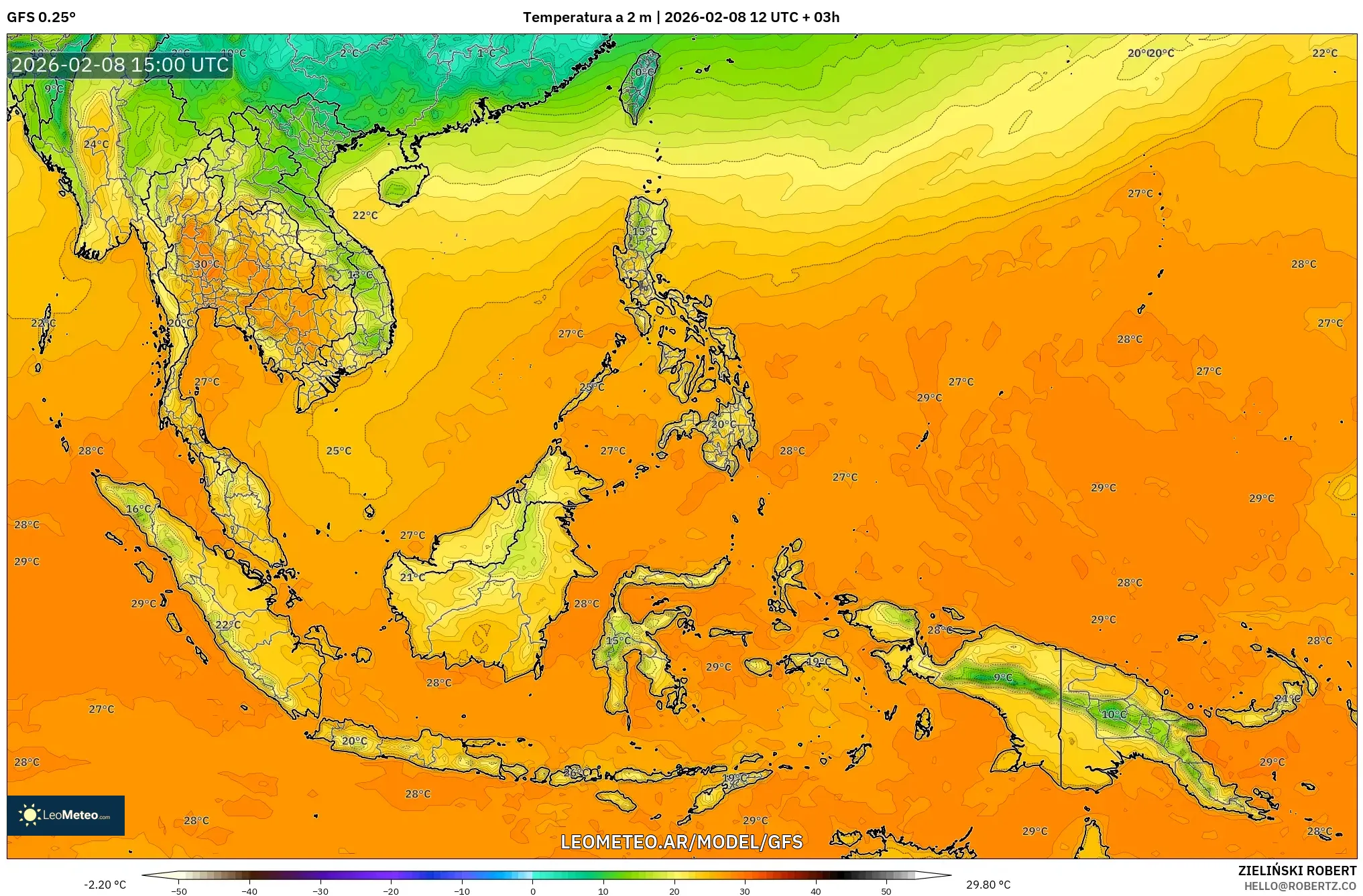 GFS model - Sudeste Asiático, Temperatura a 2 m
