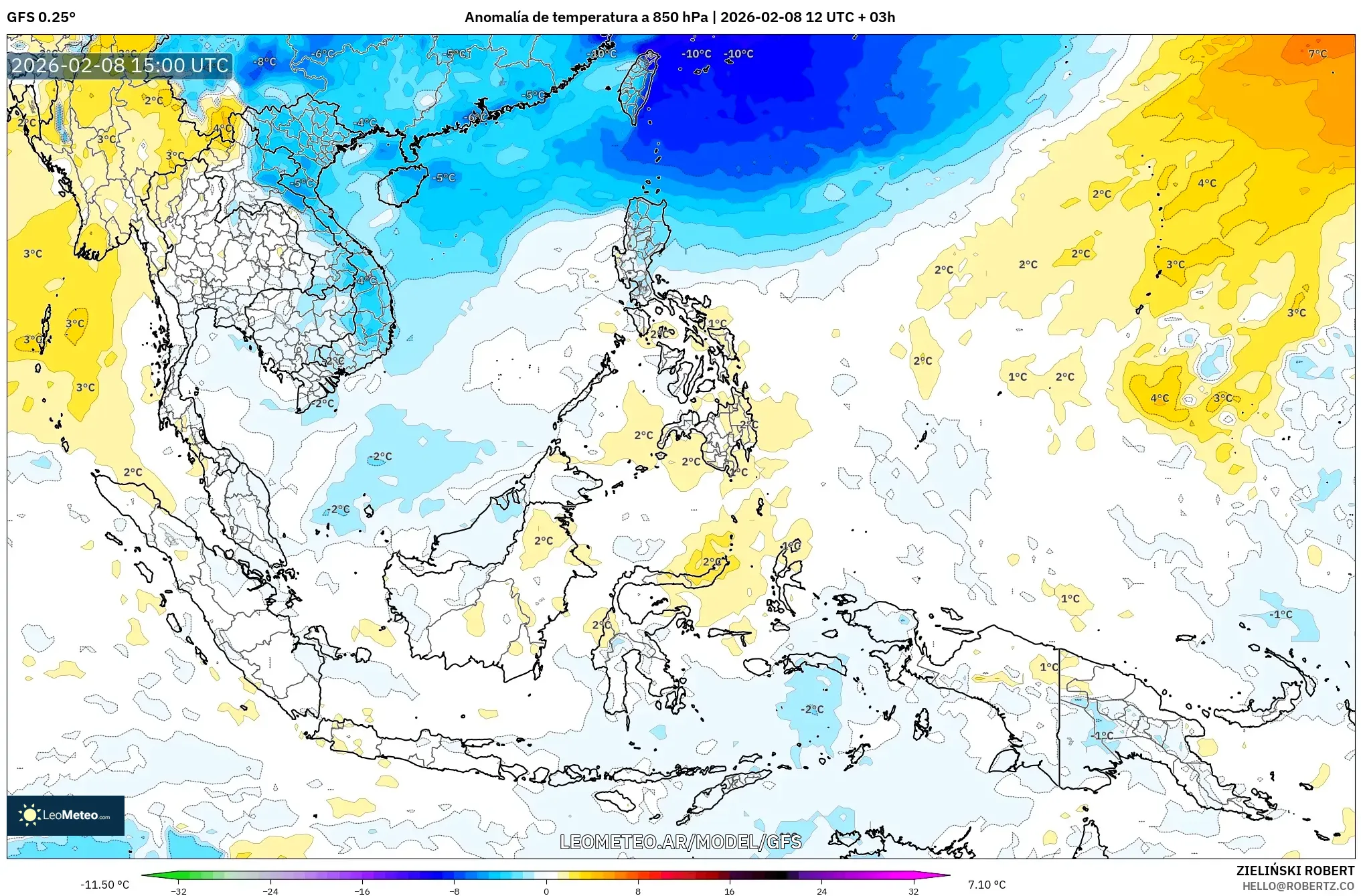 GFS model - Sudeste Asiático, Anomalía de temperatura a 850 hPa