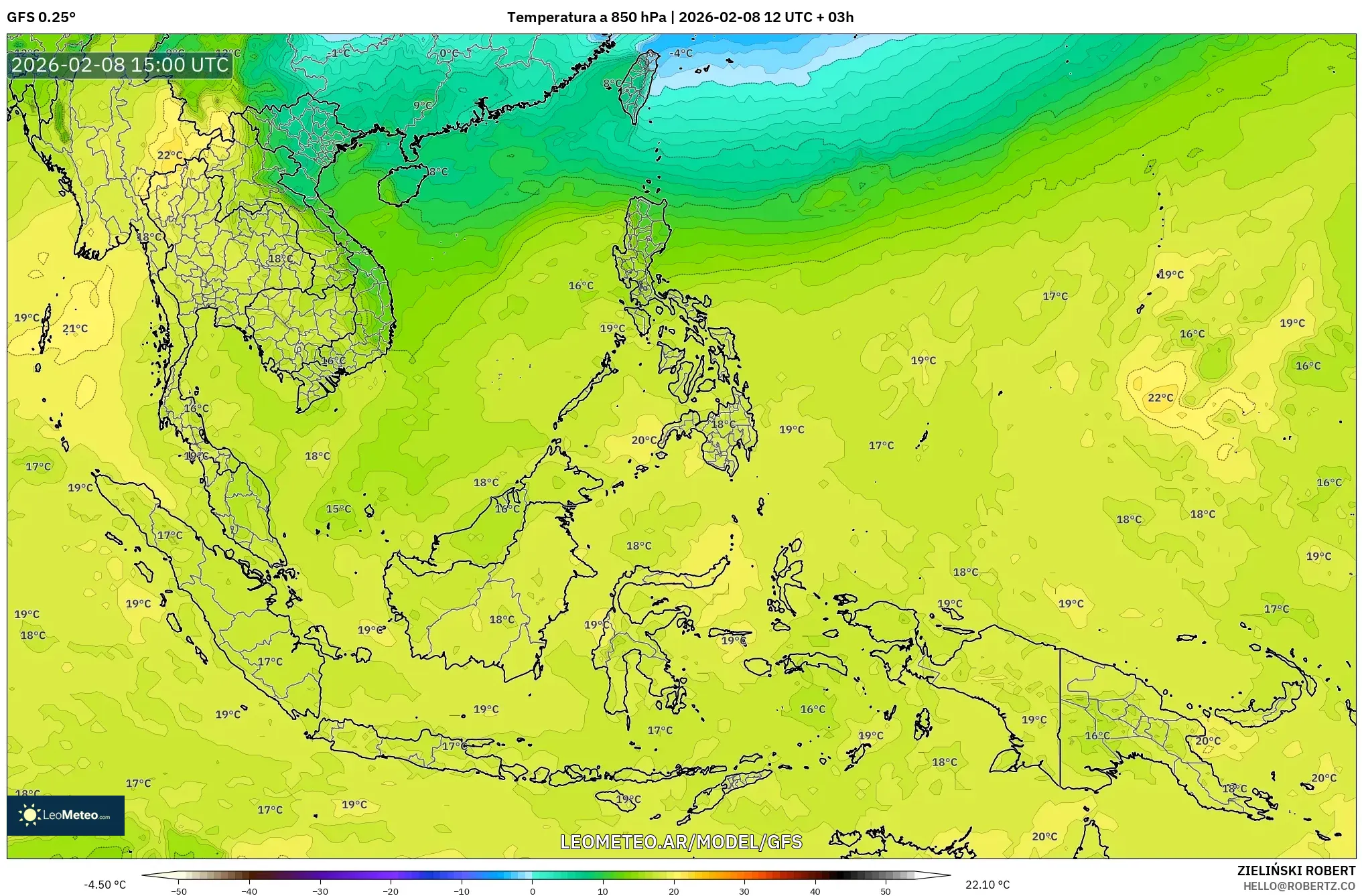 GFS model - Sudeste Asiático, Temperatura a 850 hPa