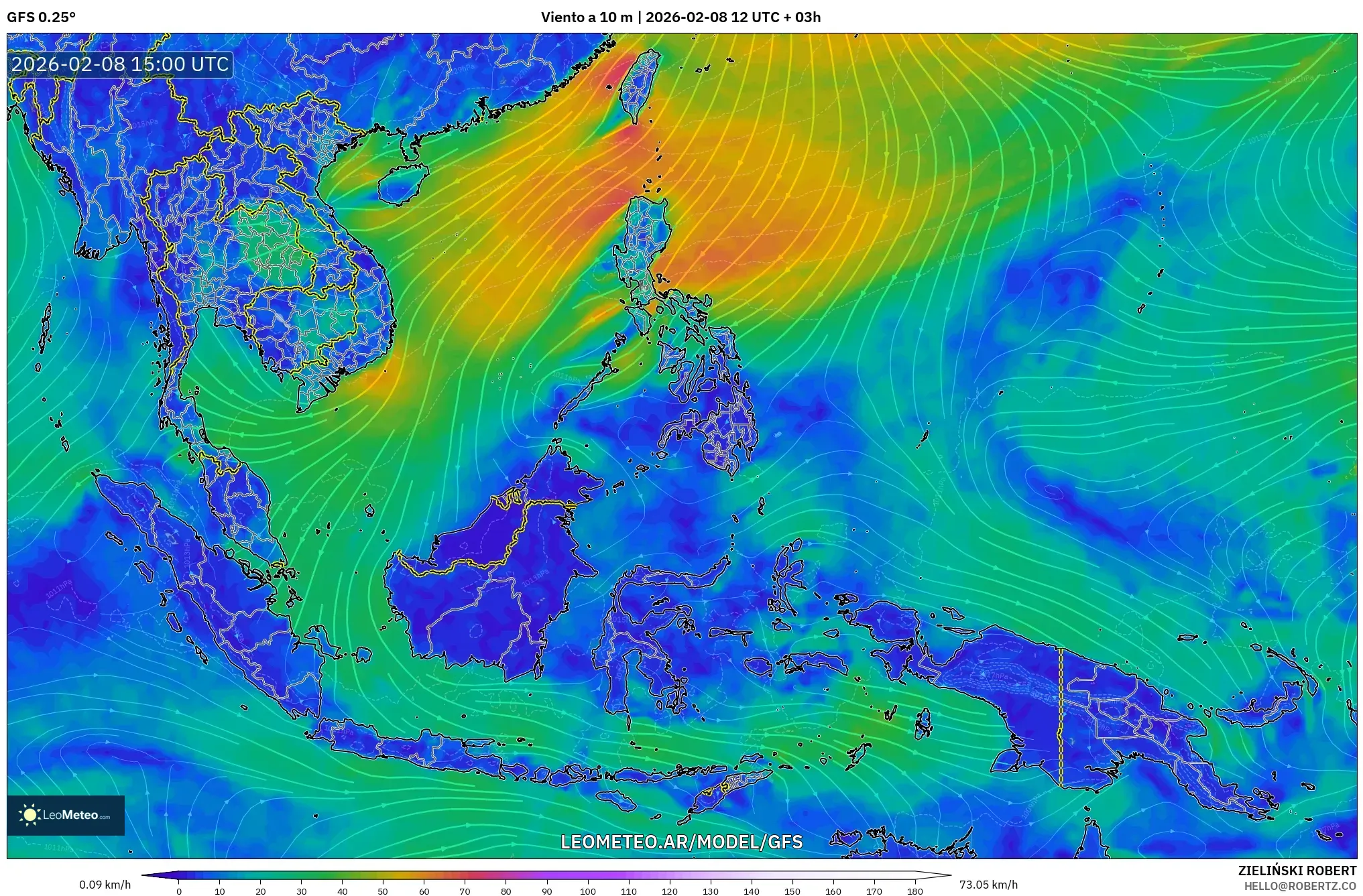 GFS model - Sudeste Asiático, Viento a 10 m