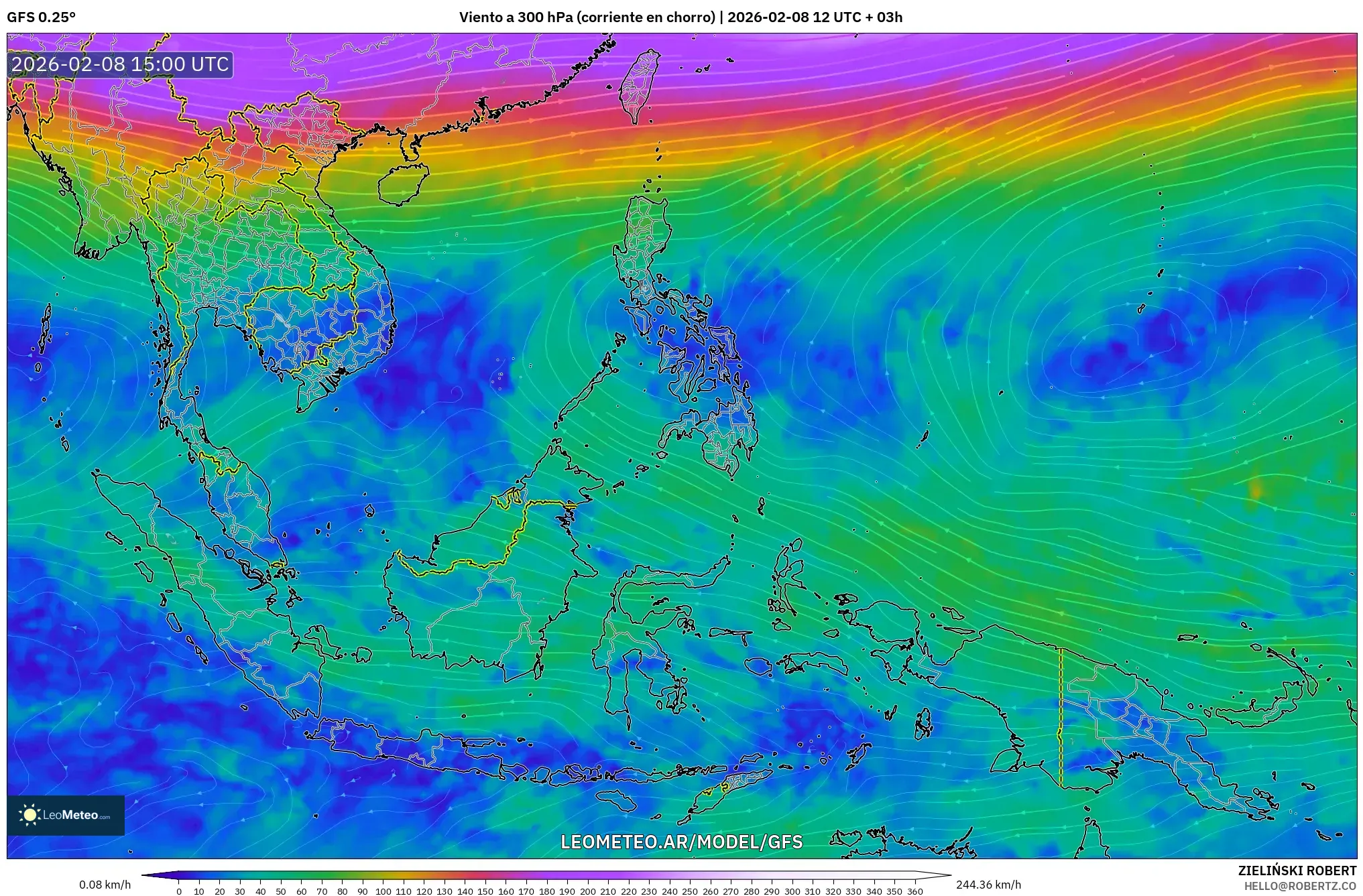 GFS model - Sudeste Asiático, Viento a 300 hPa (corriente en chorro)