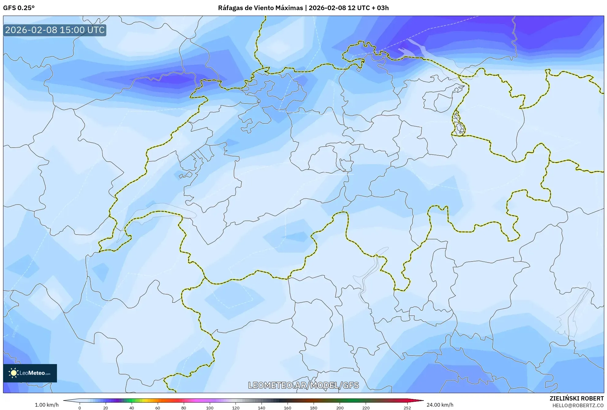 GFS model - Suiza, Ráfagas de Viento Máximas