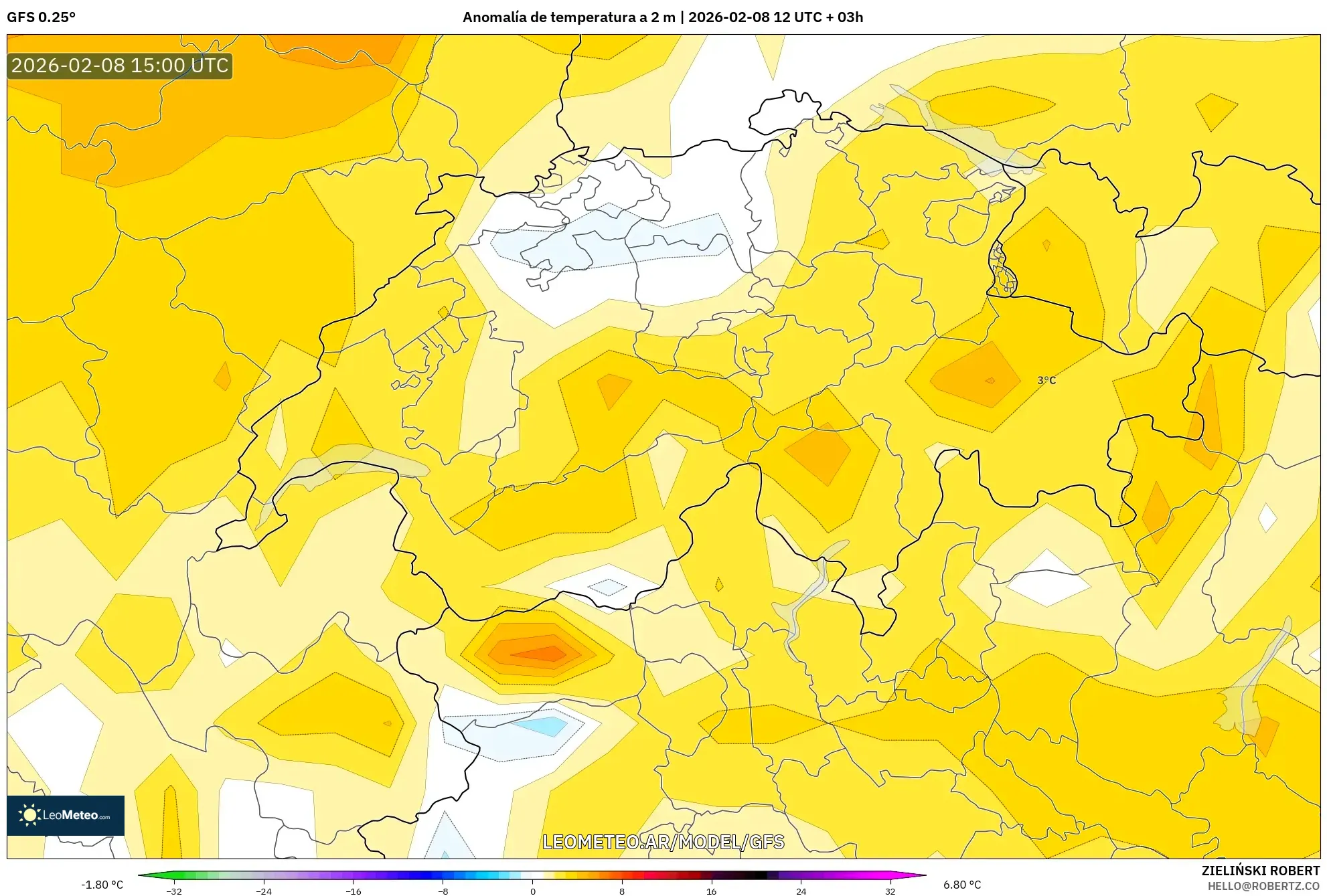 GFS model - Suiza, Anomalía de temperatura a 2 m