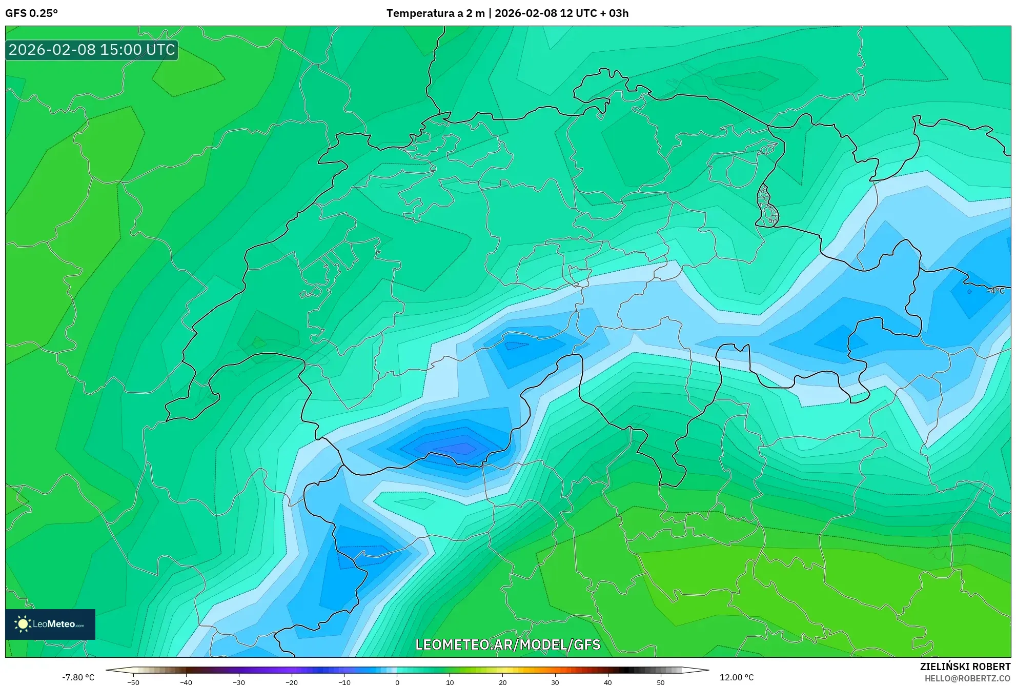 GFS model - Suiza, Temperatura a 2 m