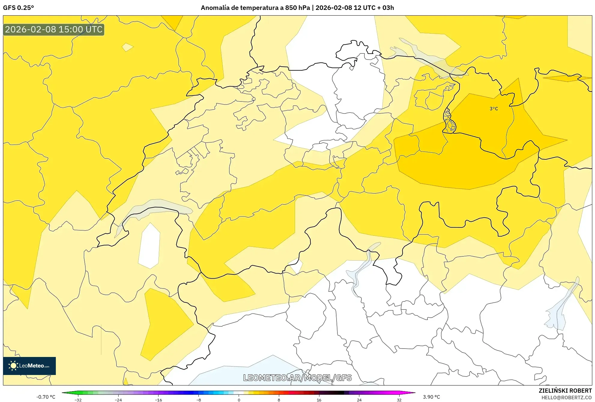 GFS model - Suiza, Anomalía de temperatura a 850 hPa
