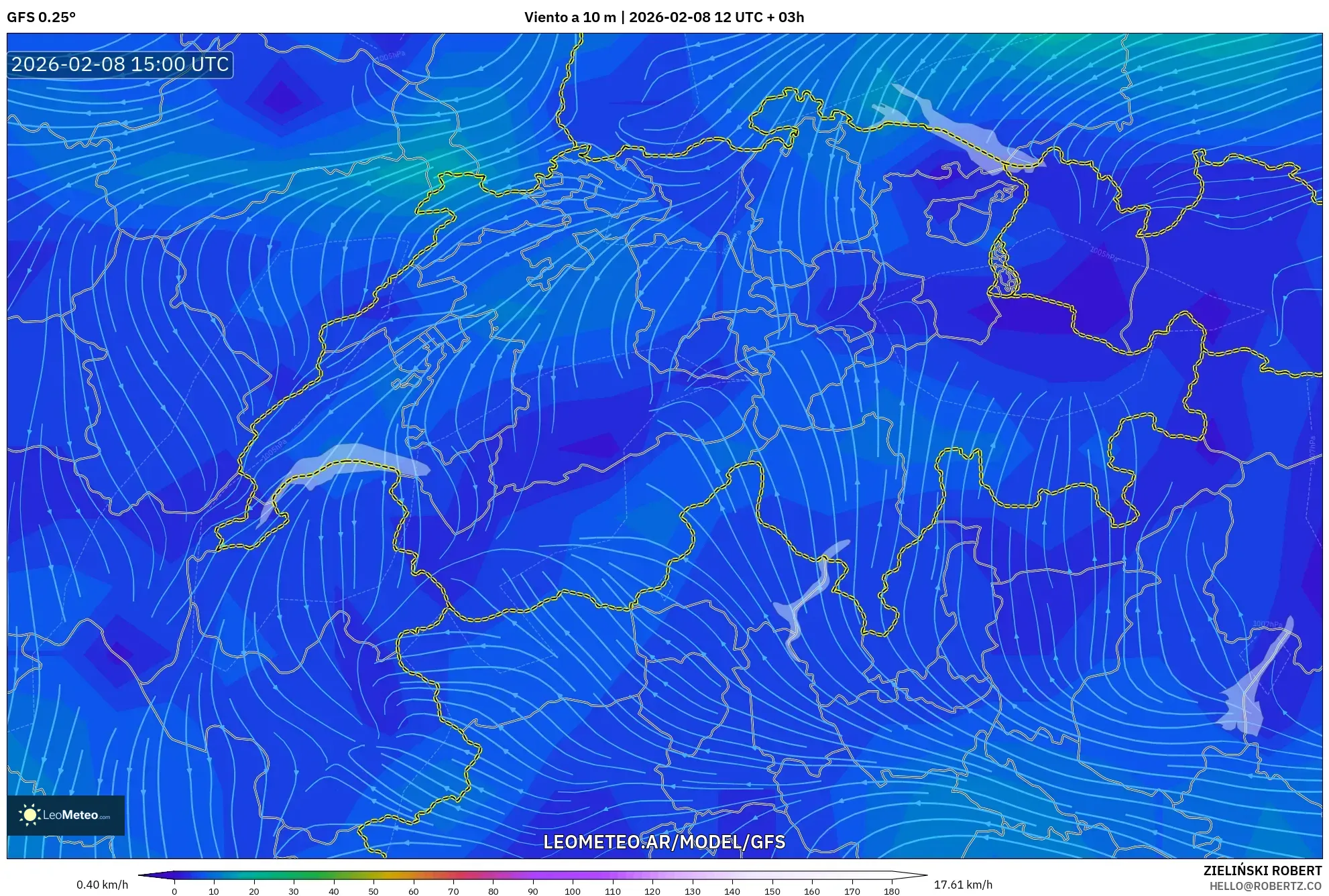 GFS model - Suiza, Viento a 10 m