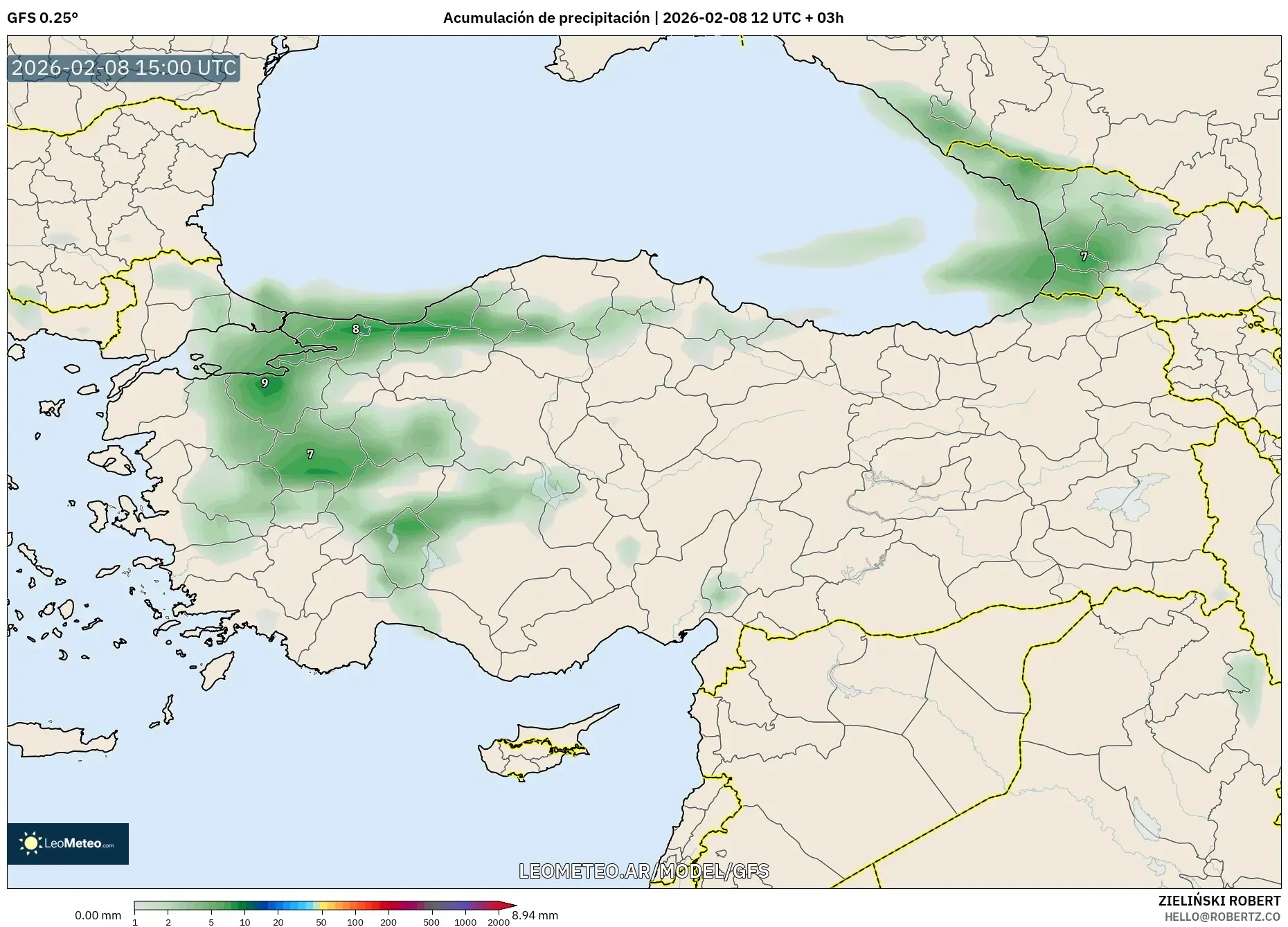 GFS model - Turquía, Acumulación de precipitación