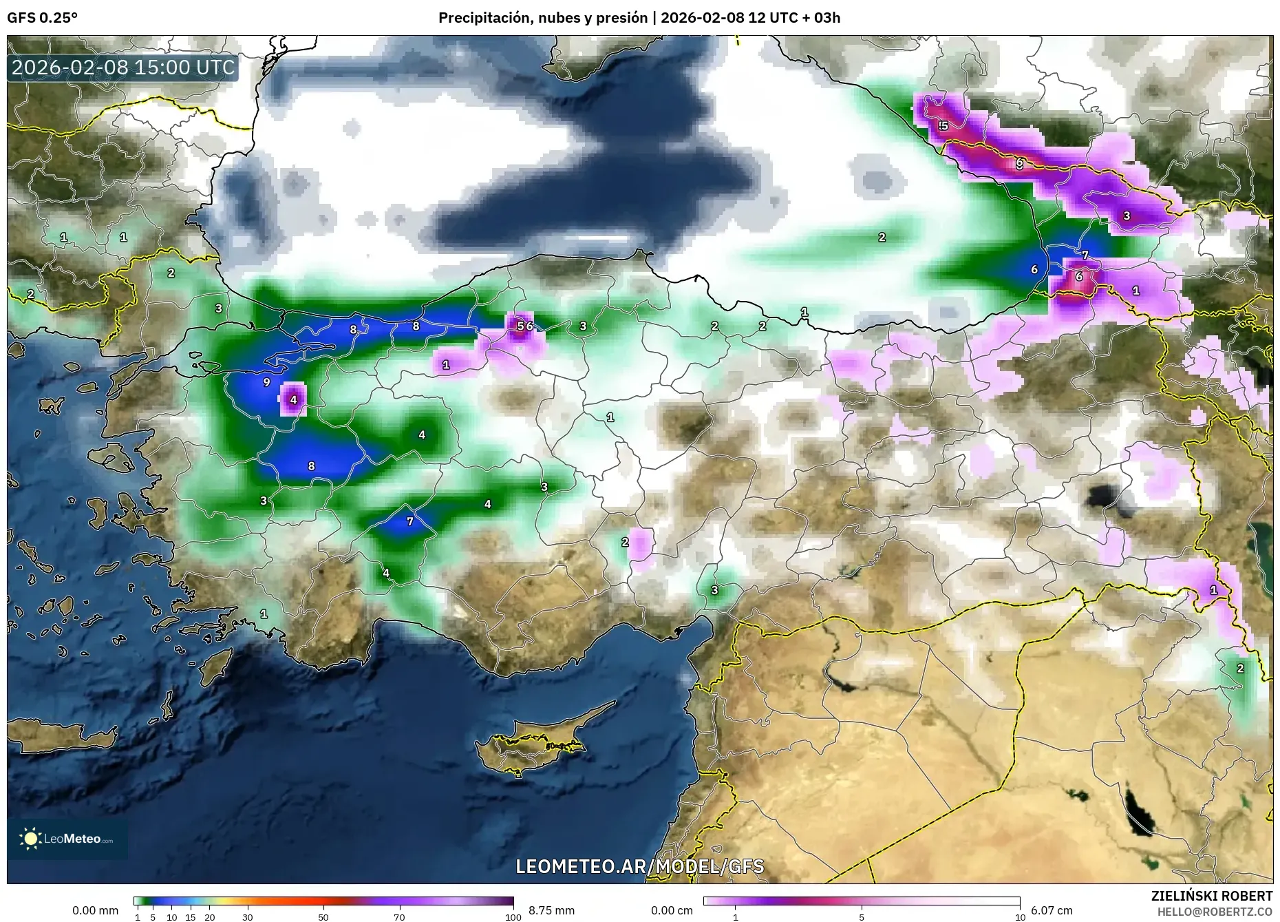 GFS model - Turquía, Precipitación, nubes y presión