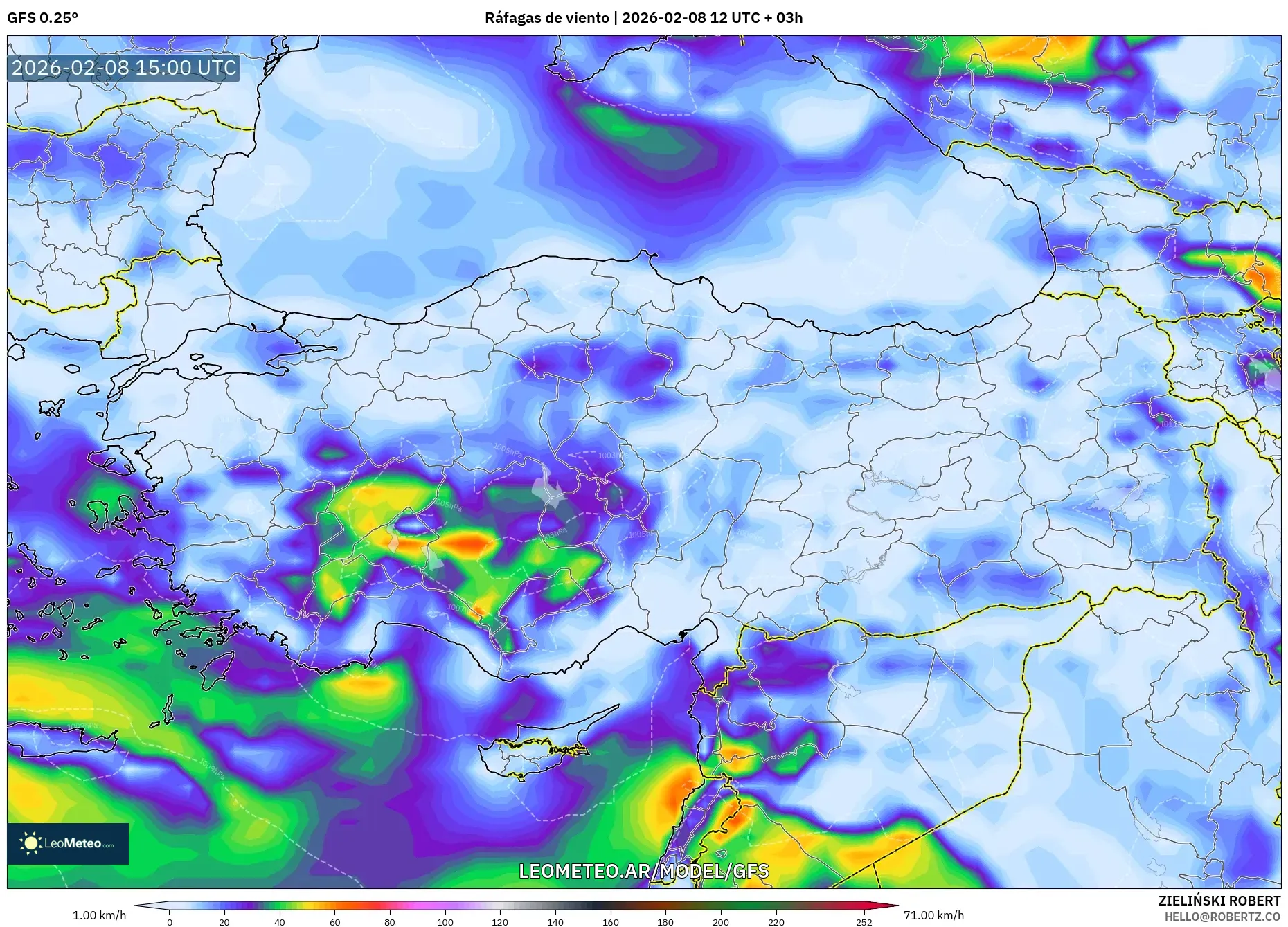 GFS model - Turquía, Ráfagas de viento