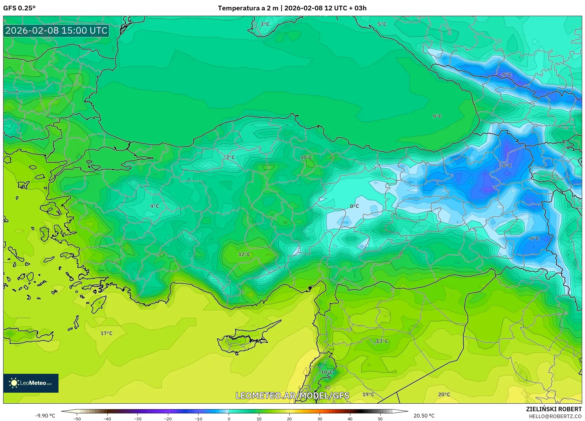 GFS model - Turquía, Temperatura a 2 m