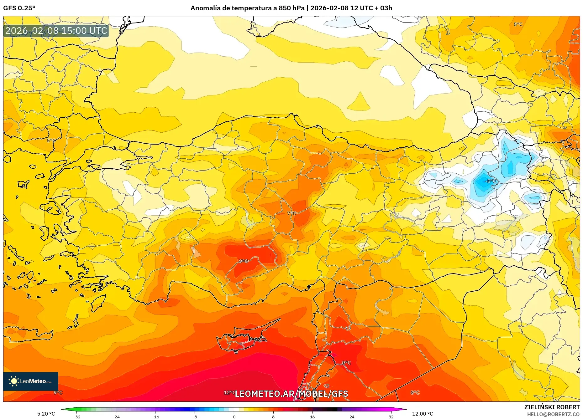 GFS model - Turquía, Anomalía de temperatura a 850 hPa
