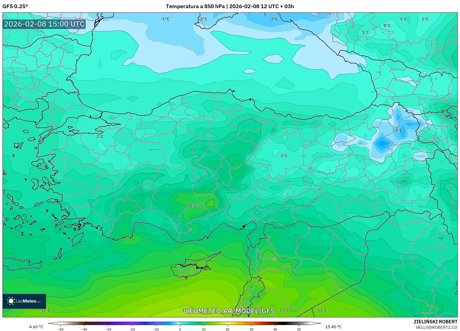 GFS model - Turquía, Temperatura a 850 hPa