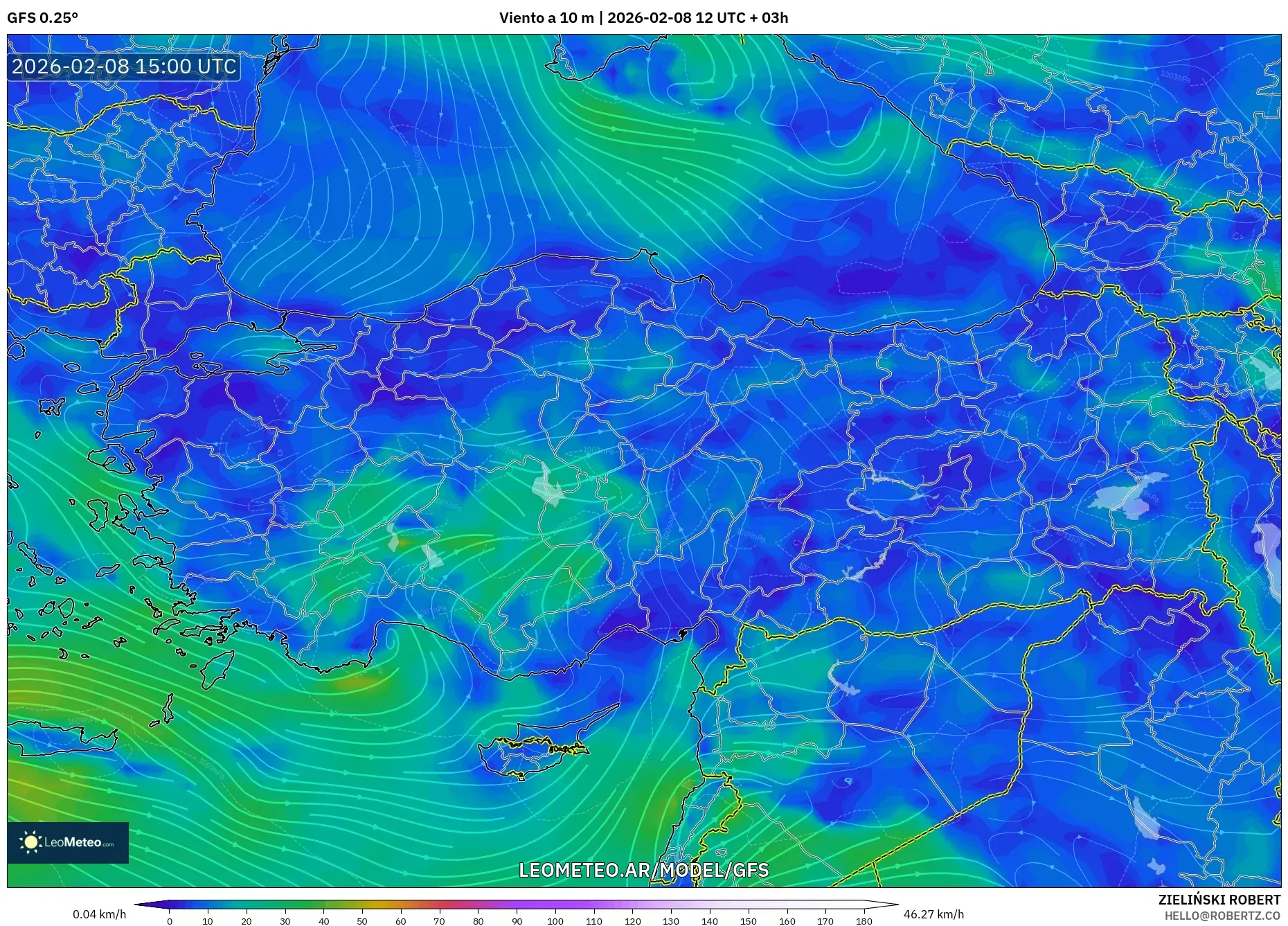 GFS model - Turquía, Viento a 10 m