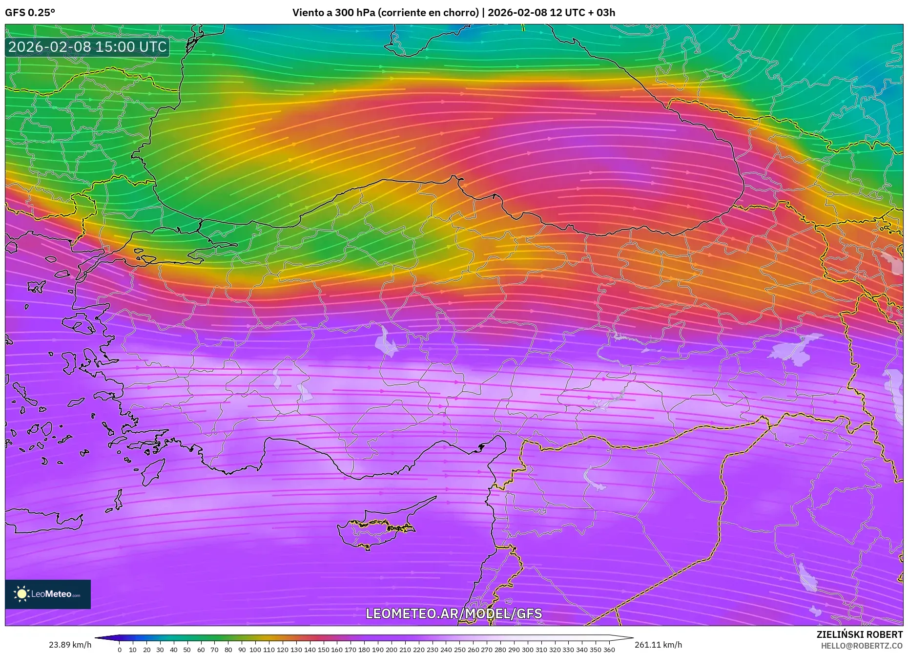 GFS model - Turquía, Viento a 300 hPa (corriente en chorro)