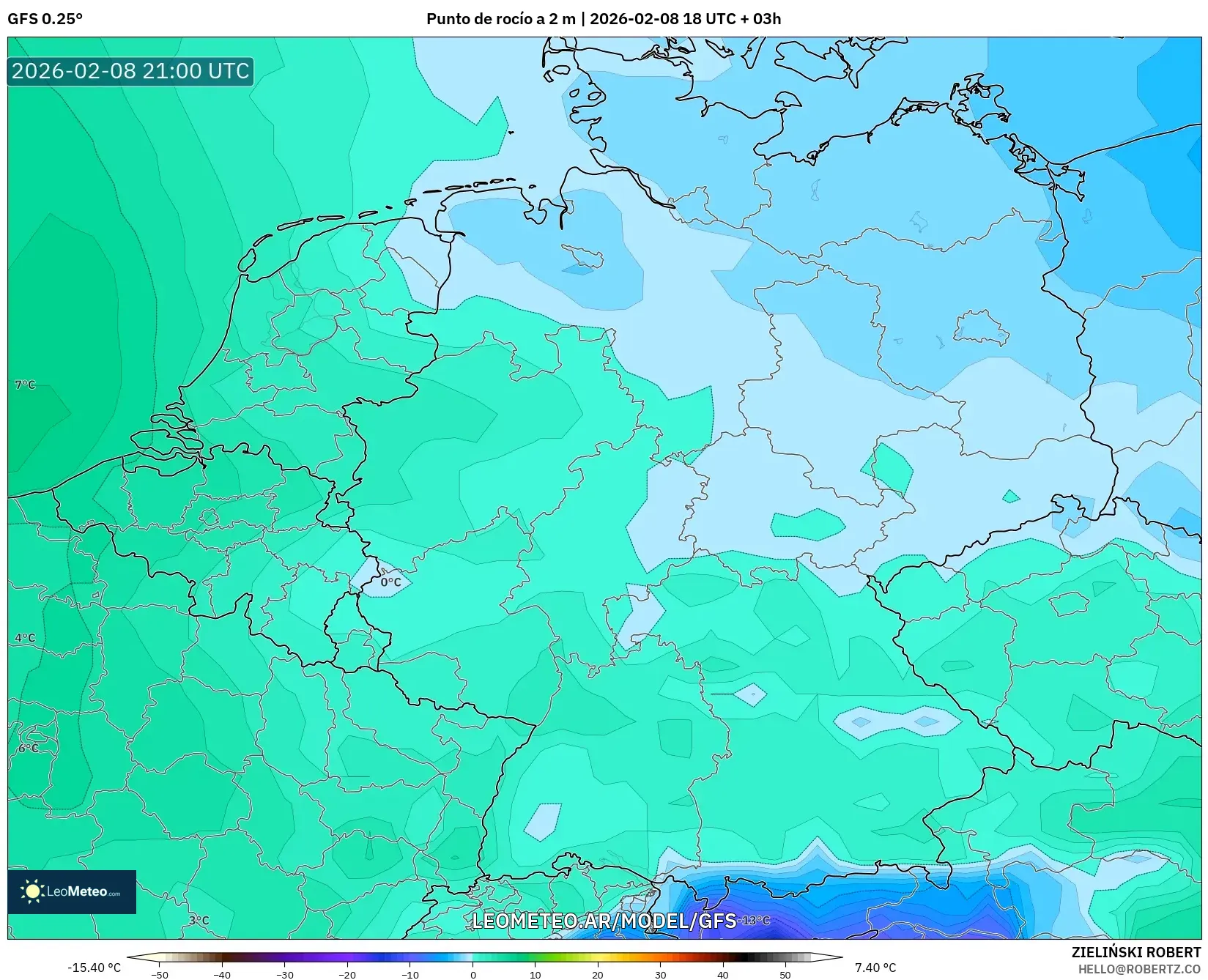 GFS model - Alemania, Punto de rocío a 2 m