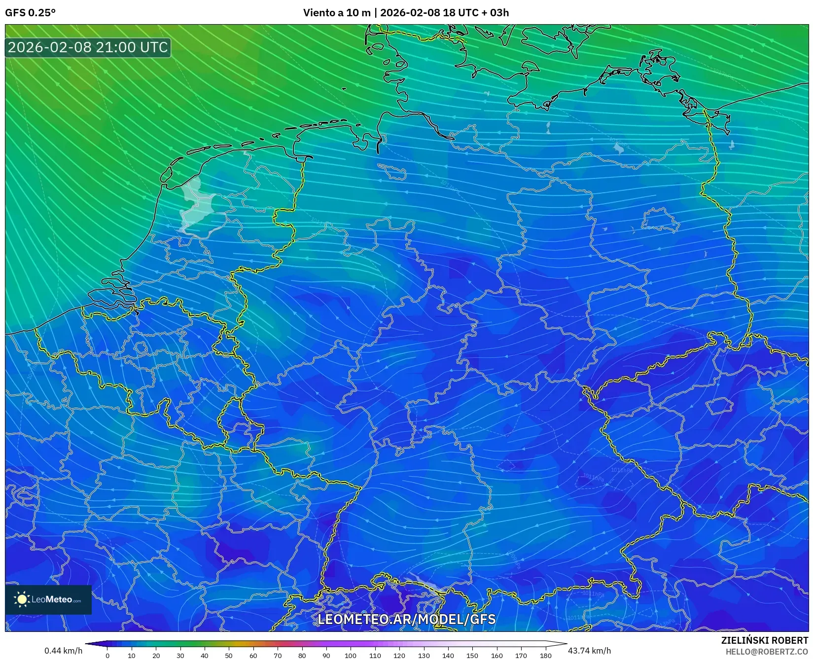 GFS model - Alemania, Viento a 10 m