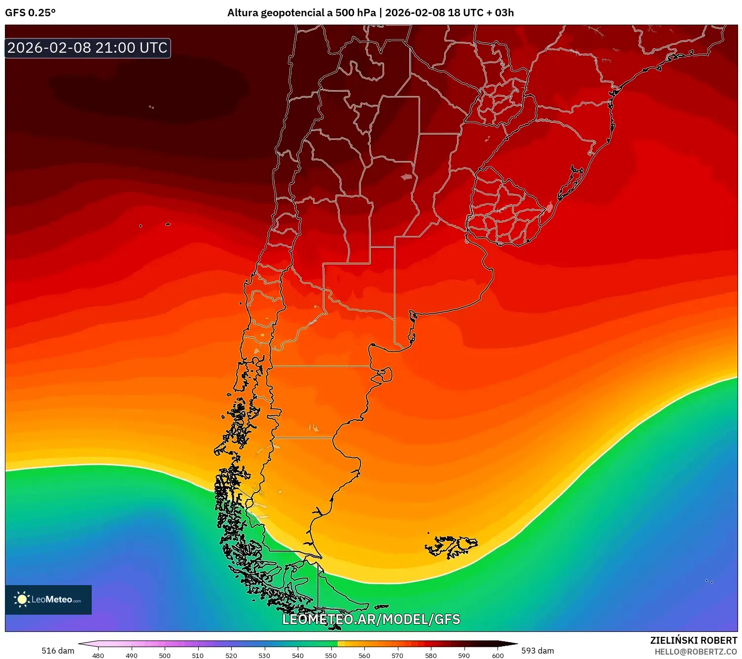 GFS model - Argentina, Altura geopotencial a 500 hPa