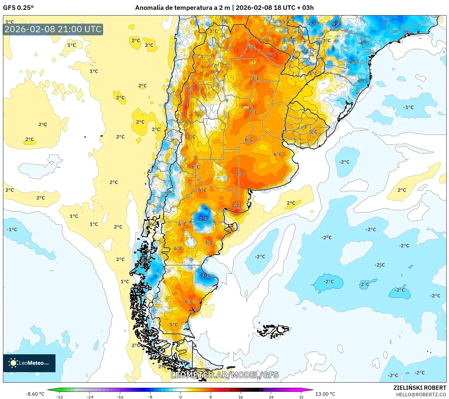 GFS model - Argentina, Anomalía de temperatura a 2 m
