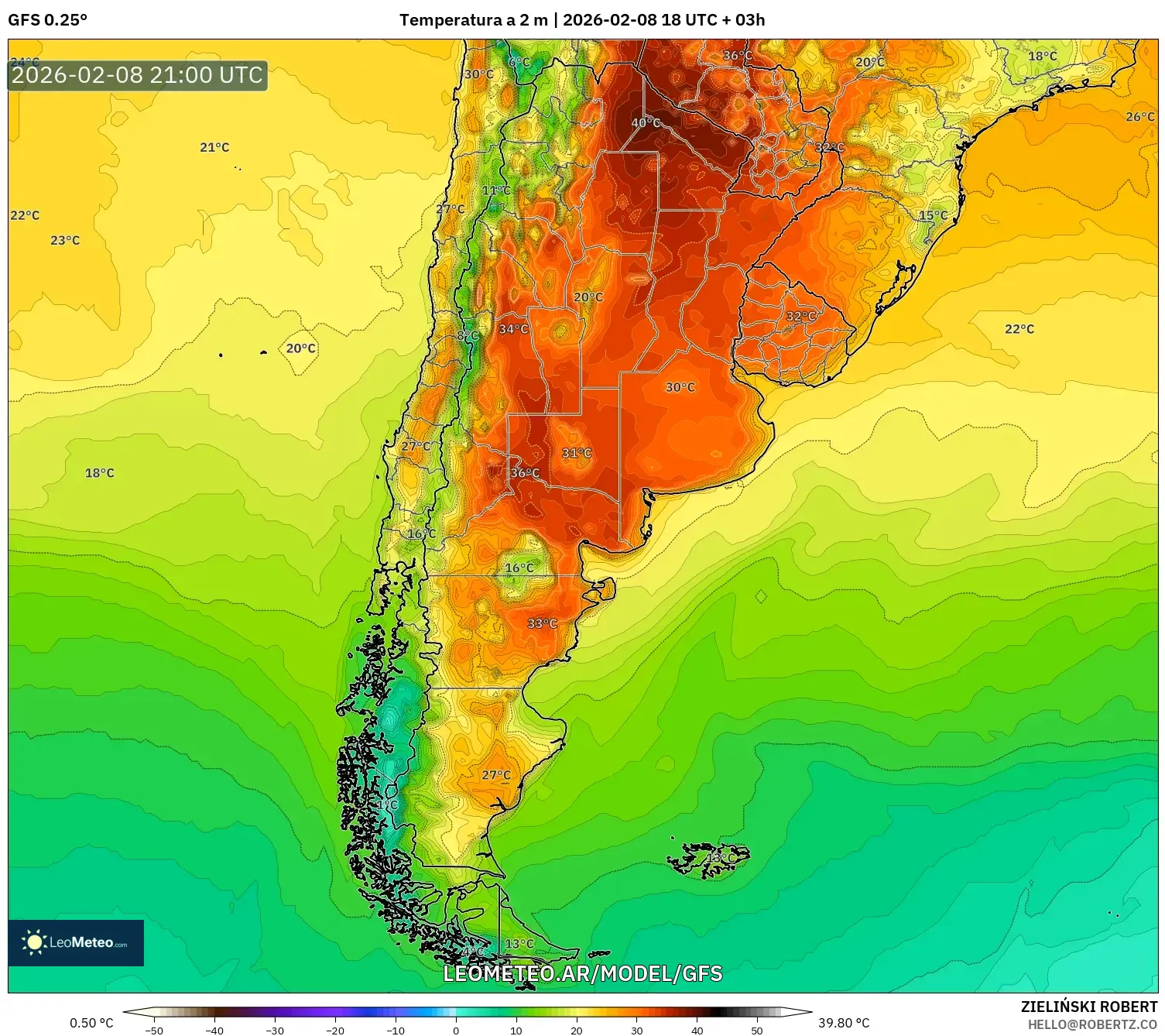 GFS model - Argentina, Temperatura a 2 m