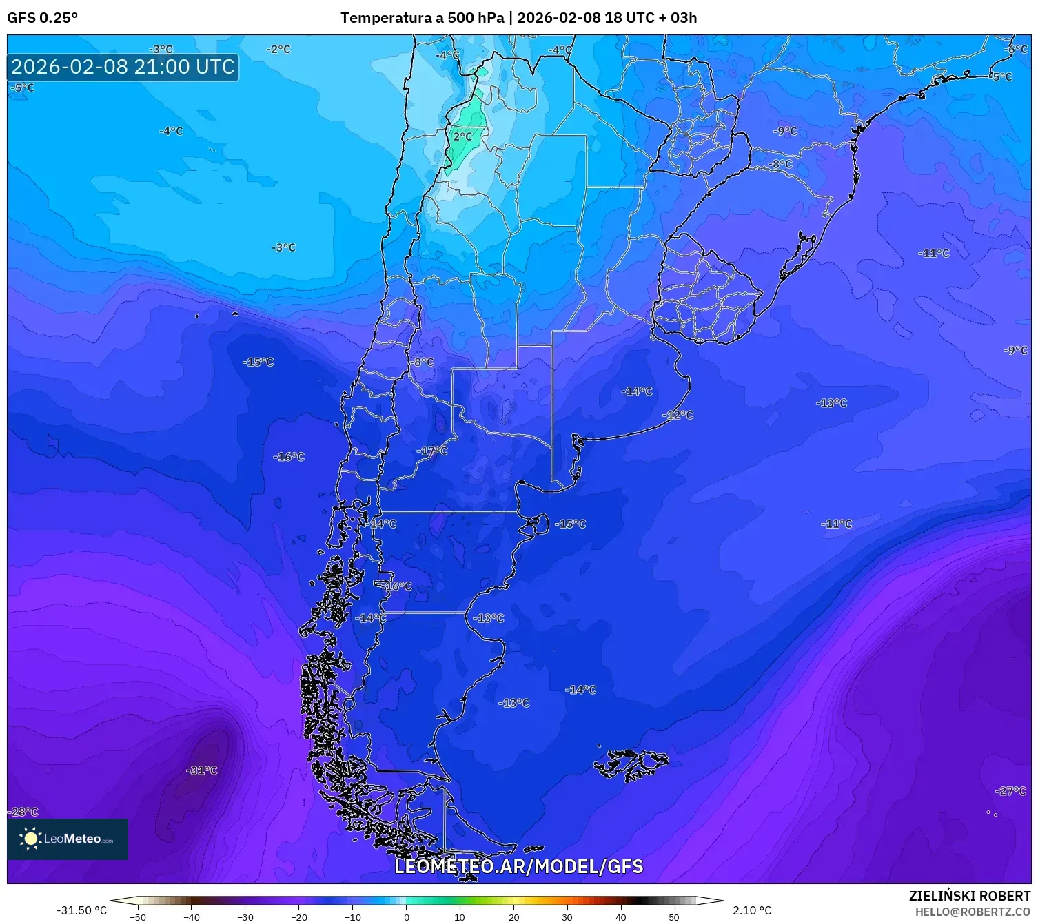GFS model - Argentina, Temperatura a 500 hPa