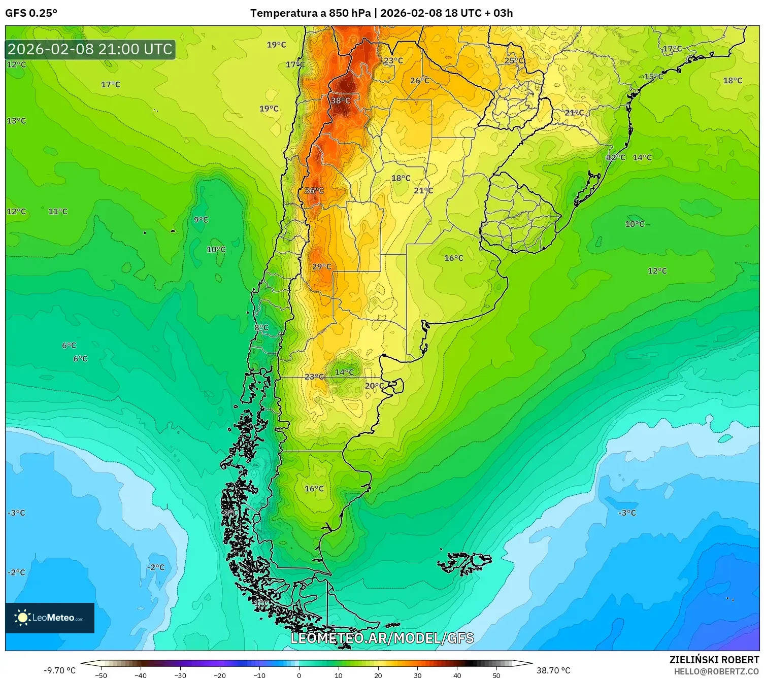 GFS model - Argentina, Temperatura a 850 hPa