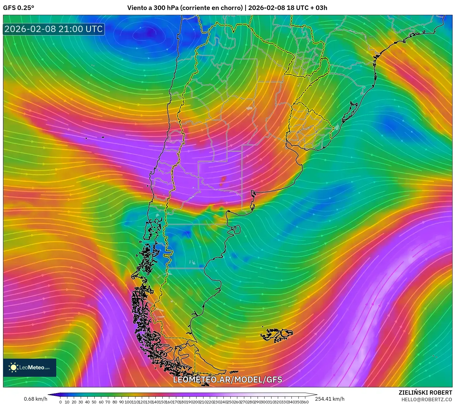 GFS model - Argentina, Viento a 300 hPa (corriente en chorro)