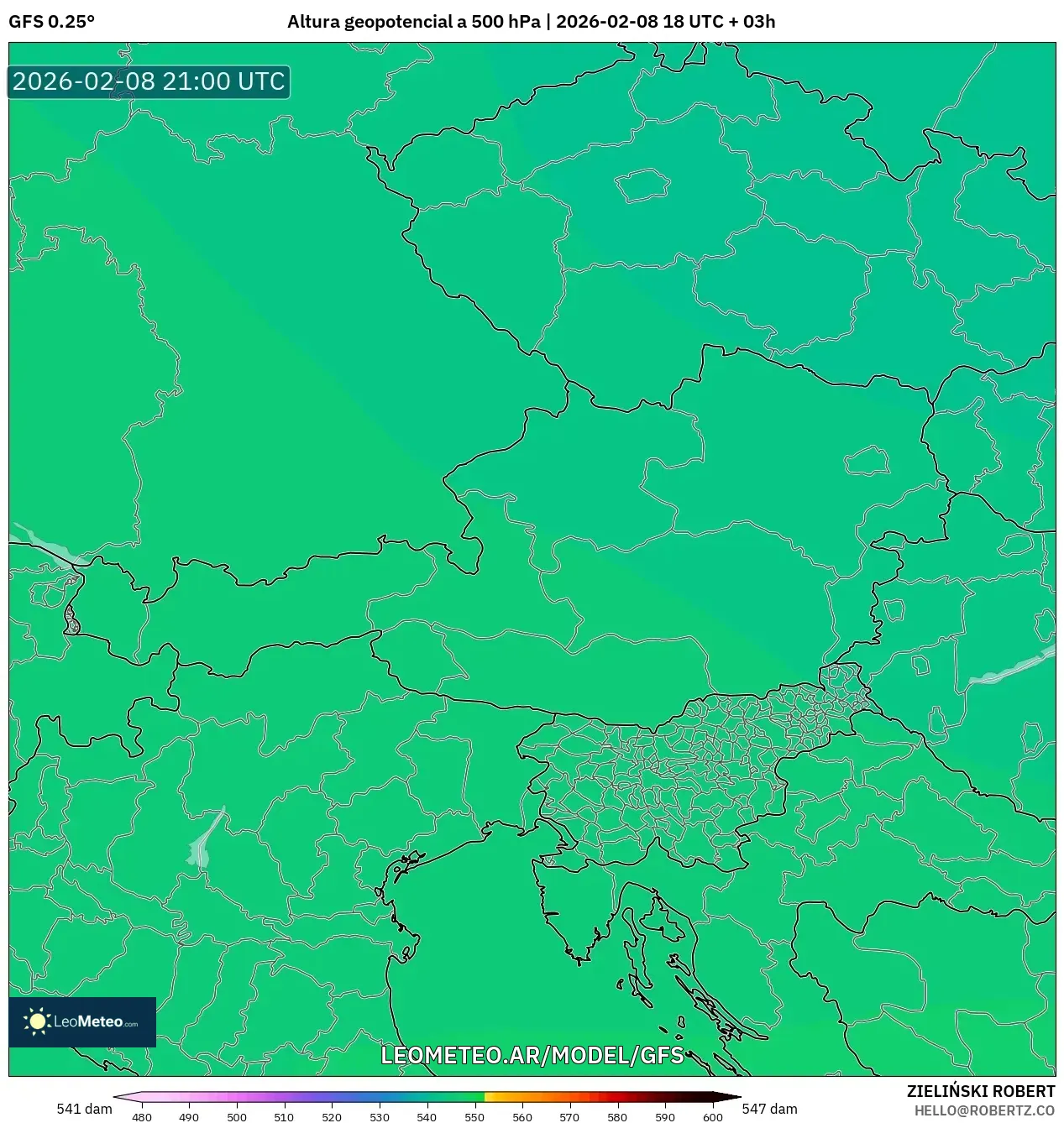 GFS model - Austria, Altura geopotencial a 500 hPa