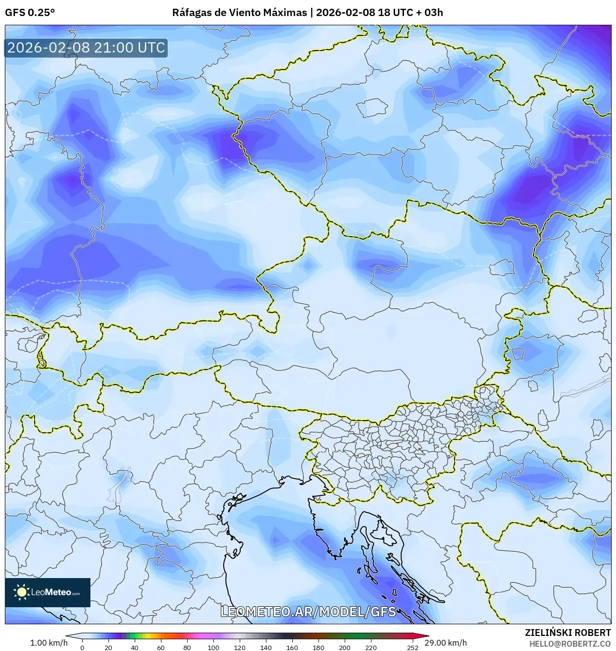GFS model - Austria, Ráfagas de Viento Máximas
