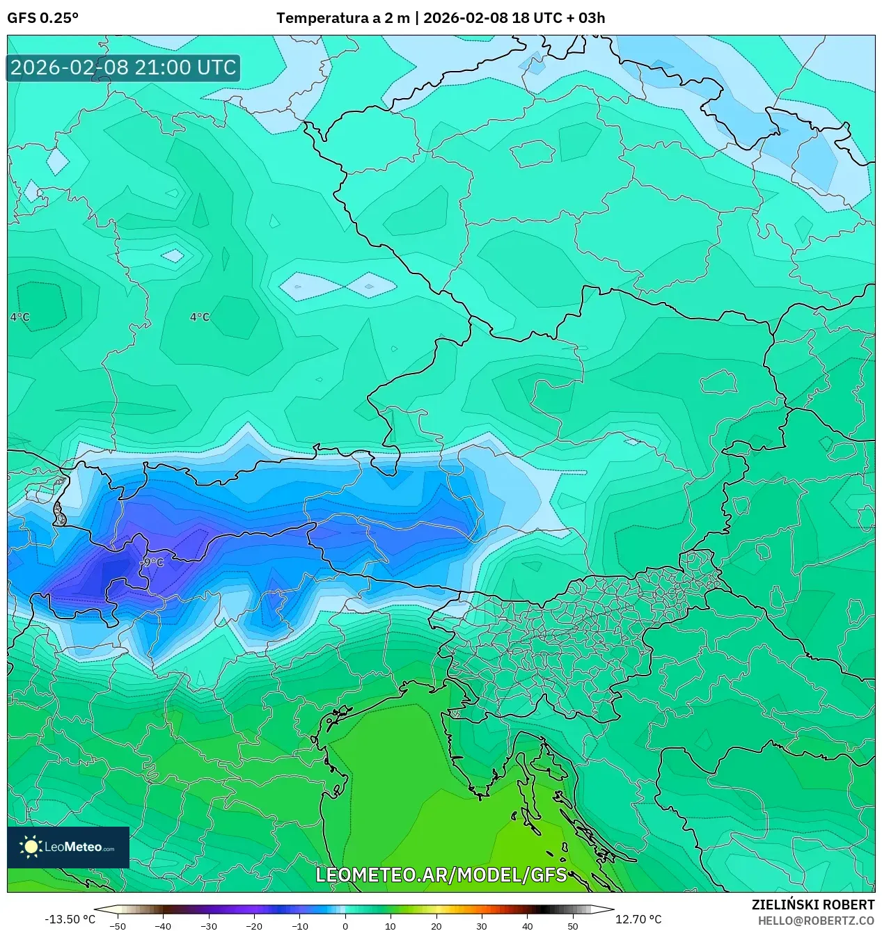GFS model - Austria, Temperatura a 2 m