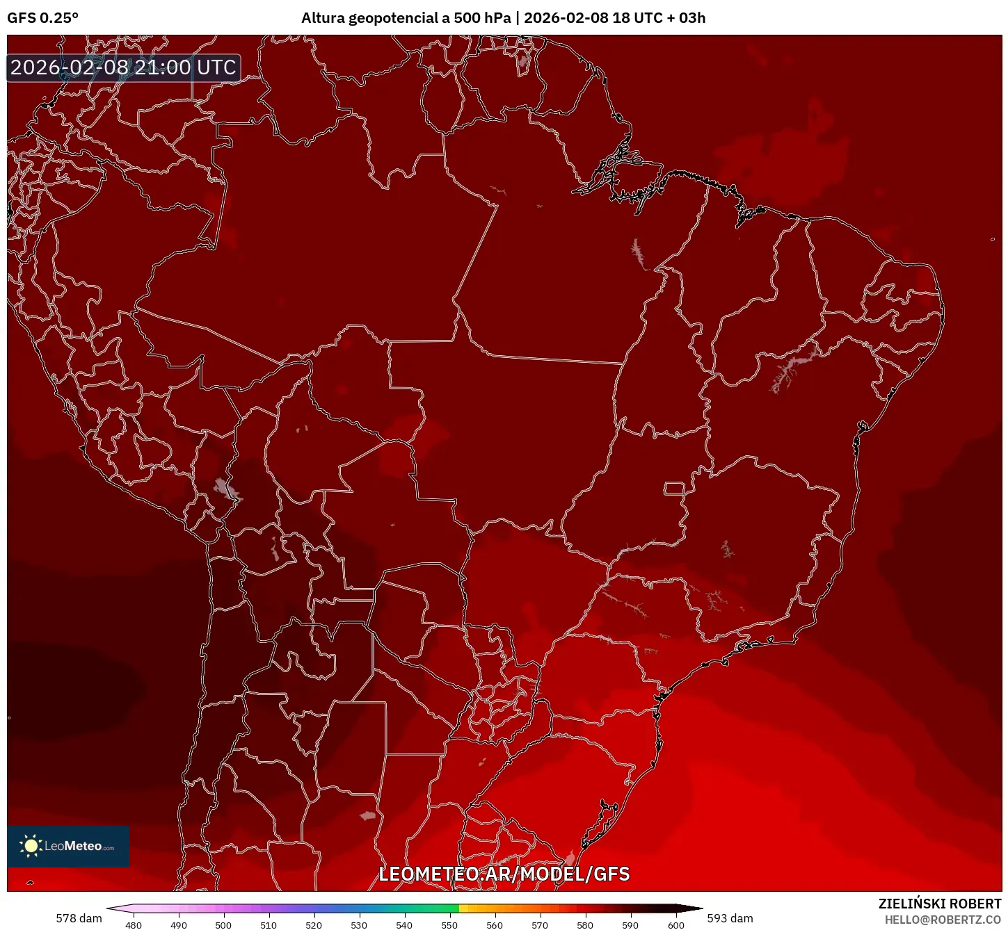 GFS model - Brasil, Altura geopotencial a 500 hPa