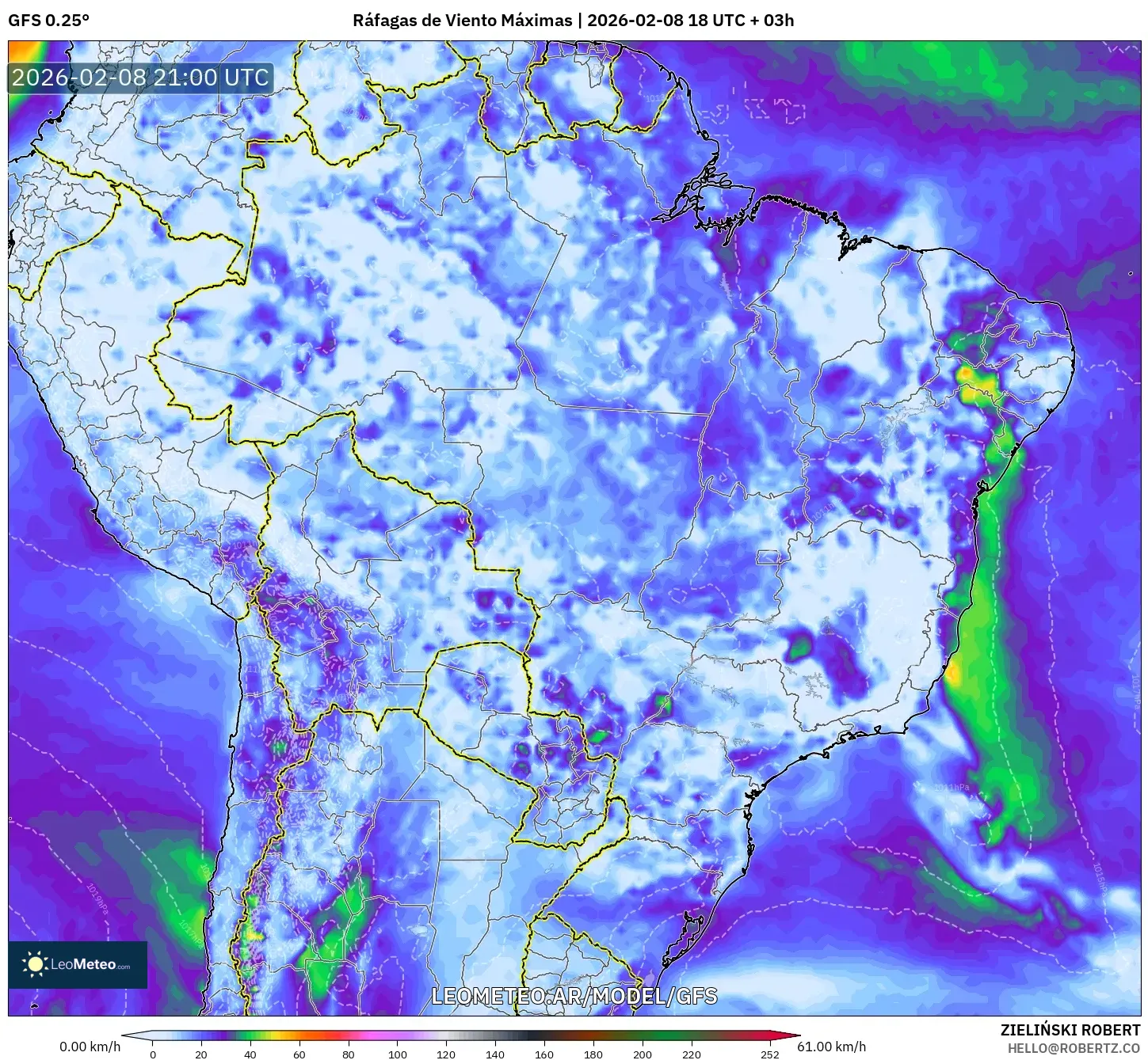 GFS model - Brasil, Ráfagas de Viento Máximas