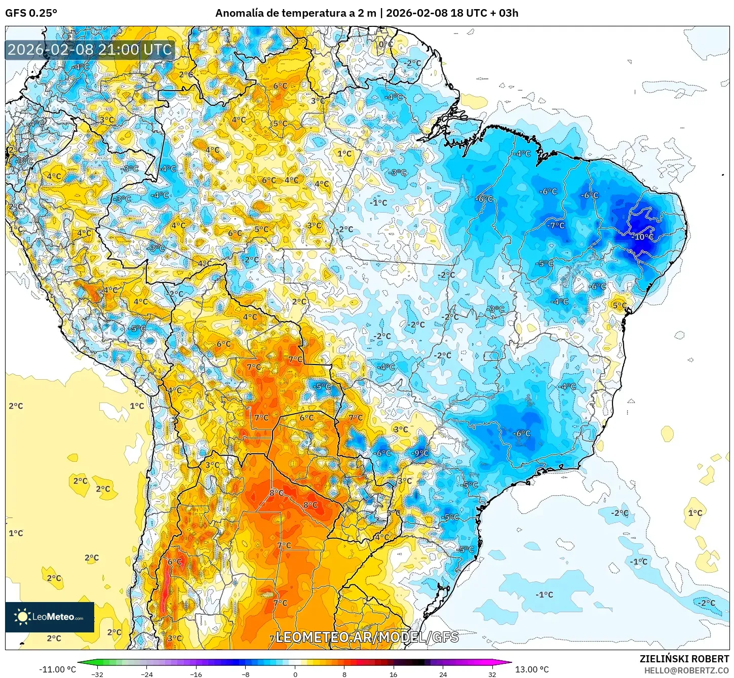 GFS model - Brasil, Anomalía de temperatura a 2 m