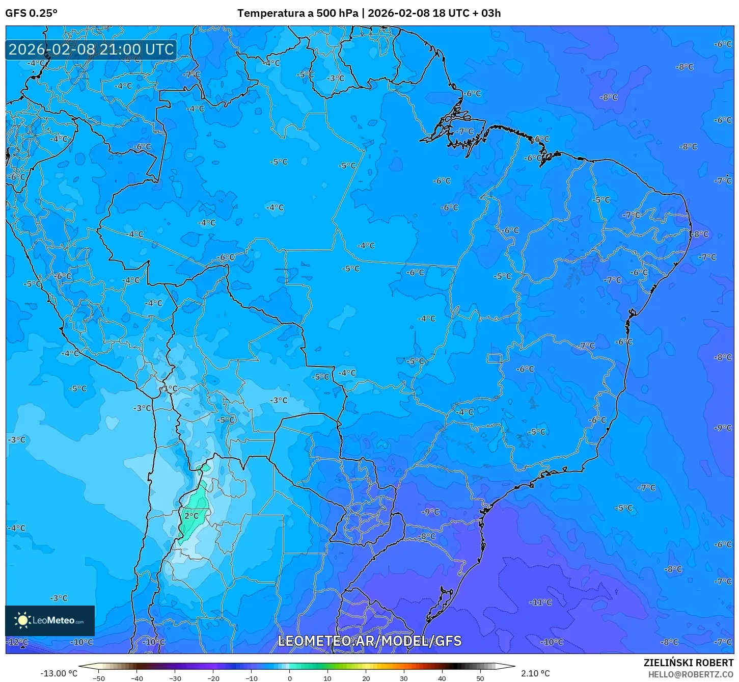 GFS model - Brasil, Temperatura a 500 hPa