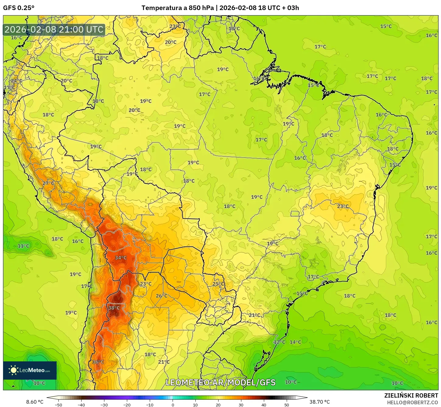 GFS model - Brasil, Temperatura a 850 hPa