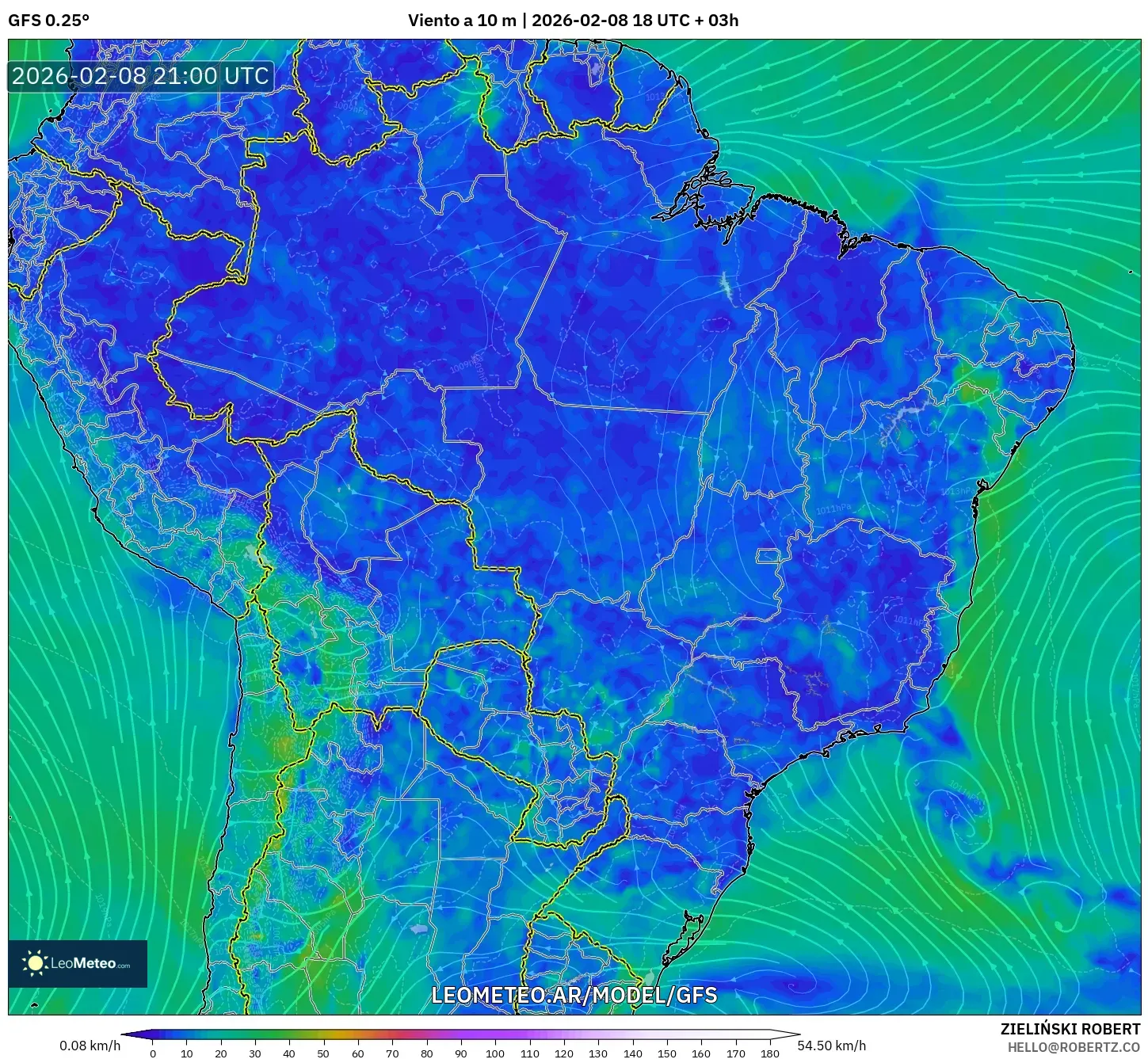 GFS model - Brasil, Viento a 10 m